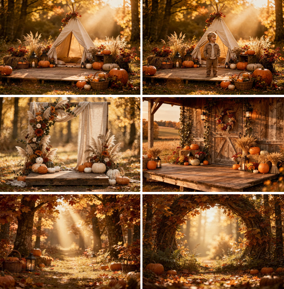 25 Fall Digital Backdrops, Autumn Photography Background Bundle, Rustic Pumpkin Forest, Harvest Portrait Scene, Instant Download - Thumbnail 4