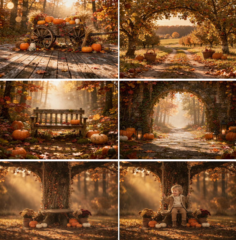 25 Fall Digital Backdrops, Autumn Photography Background Bundle, Rustic Pumpkin Forest, Harvest Portrait Scene, Instant Download - Thumbnail 5