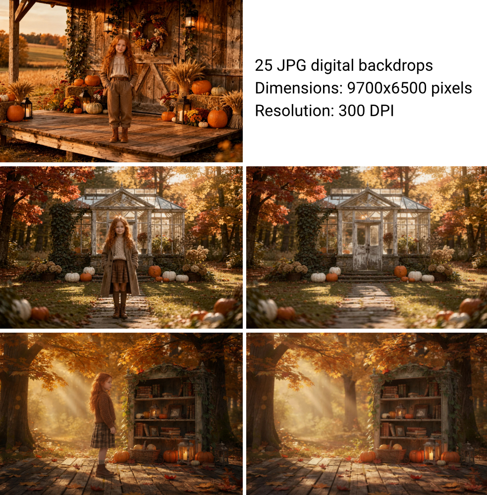 25 Fall Digital Backdrops, Autumn Photography Background Bundle, Rustic Pumpkin Forest, Harvest Portrait Scene, Instant Download - Thumbnail 6