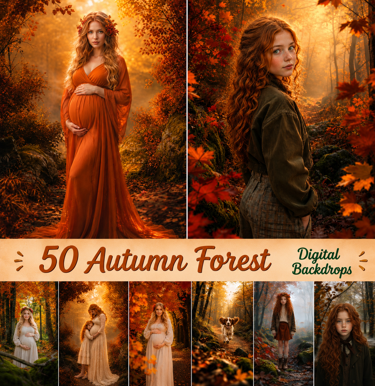 50 Autumn Forest Digital Backdrops, Fall Photography Background Bundle, Woodland Portrait Scenes, Maternity, Child, Family Photoshoot - Image 1