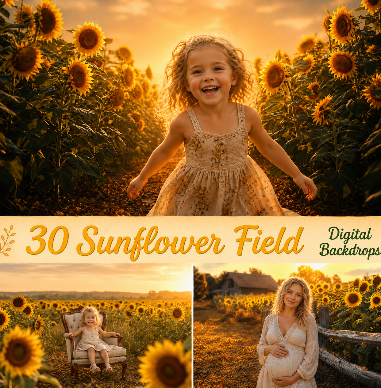 Sunflower Field Digital Backdrop, Golden Summer Photography Background, Baby Child Maternity Family Portrait, Rustic Farm Sunset Scene, JPG - Image 1