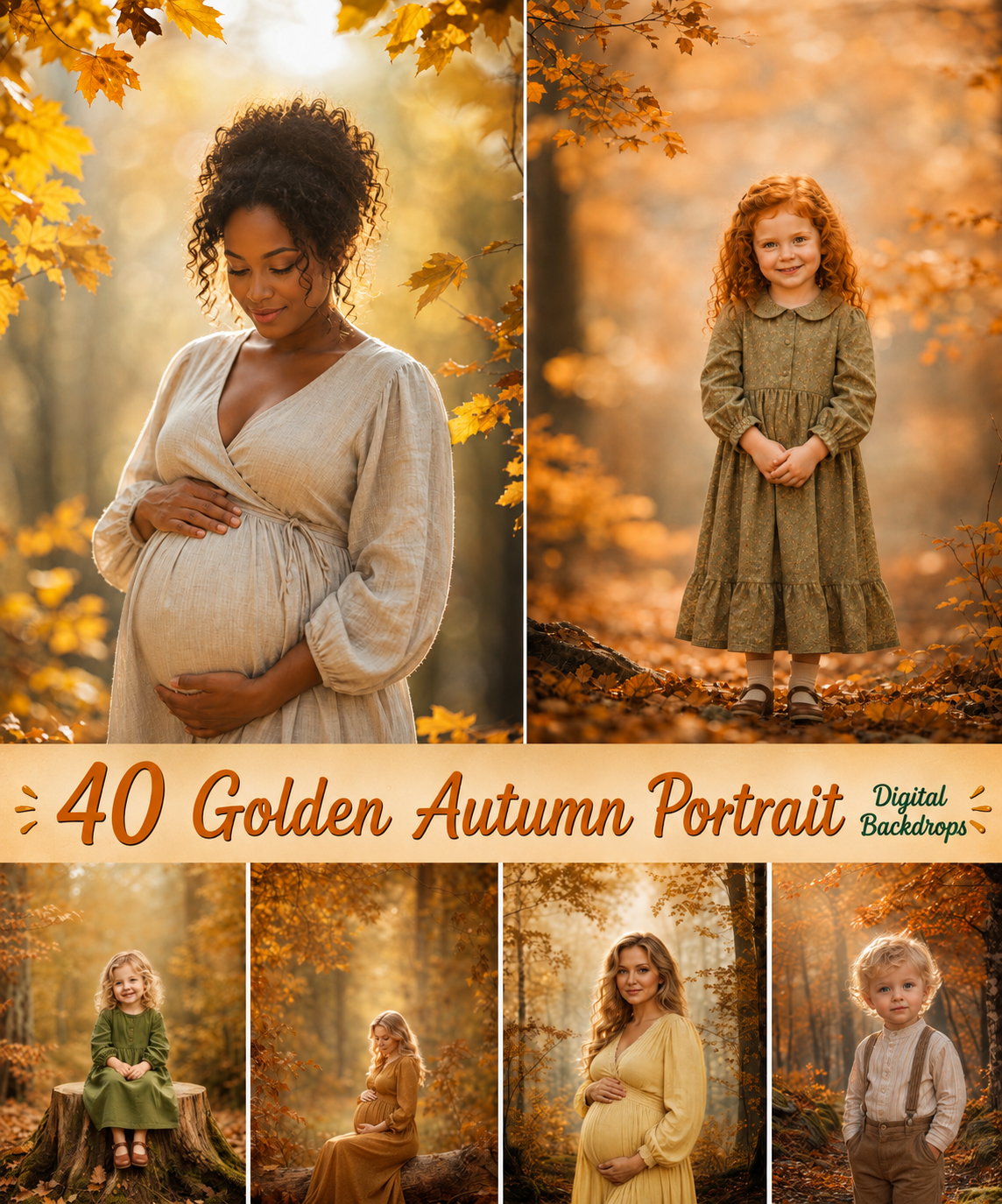 40 Golden Autumn Portrait Digital Backdrops, Fall Forest Photography Background Bundle, Maternity Baby Child Family Photoshop Composite JPG - Image 1