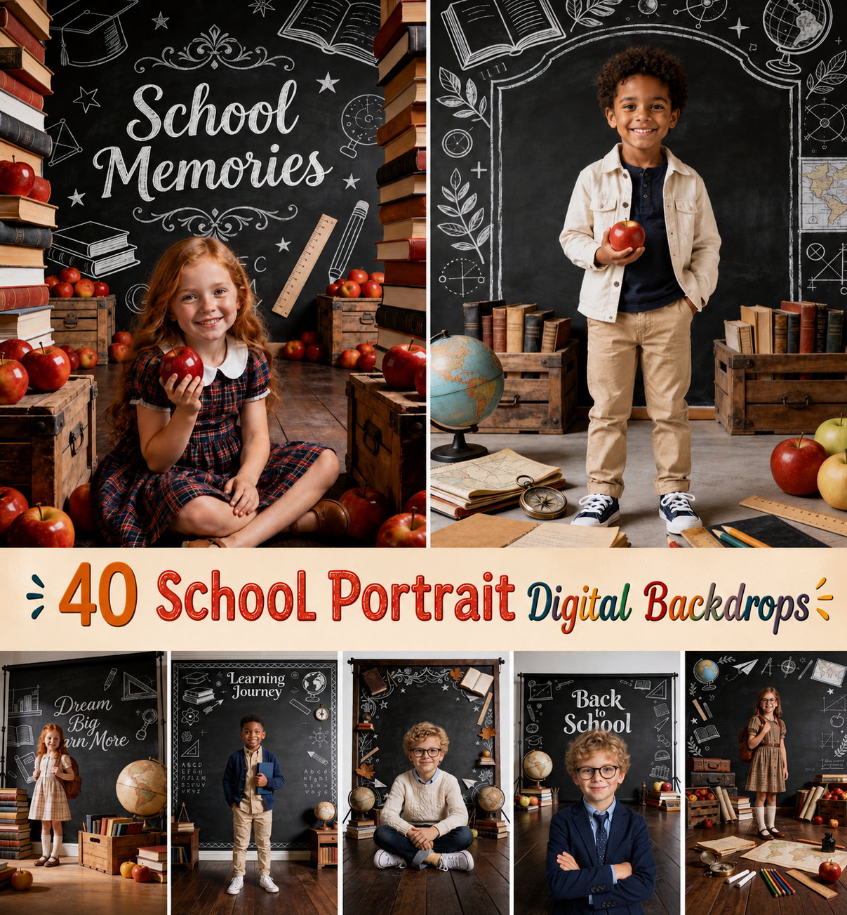 40 School Portrait Digital Backdrops, Classroom Backgrounds, Back to School Photography, Chalkboard, Teacher, Library, Globe, Apple - Image 1