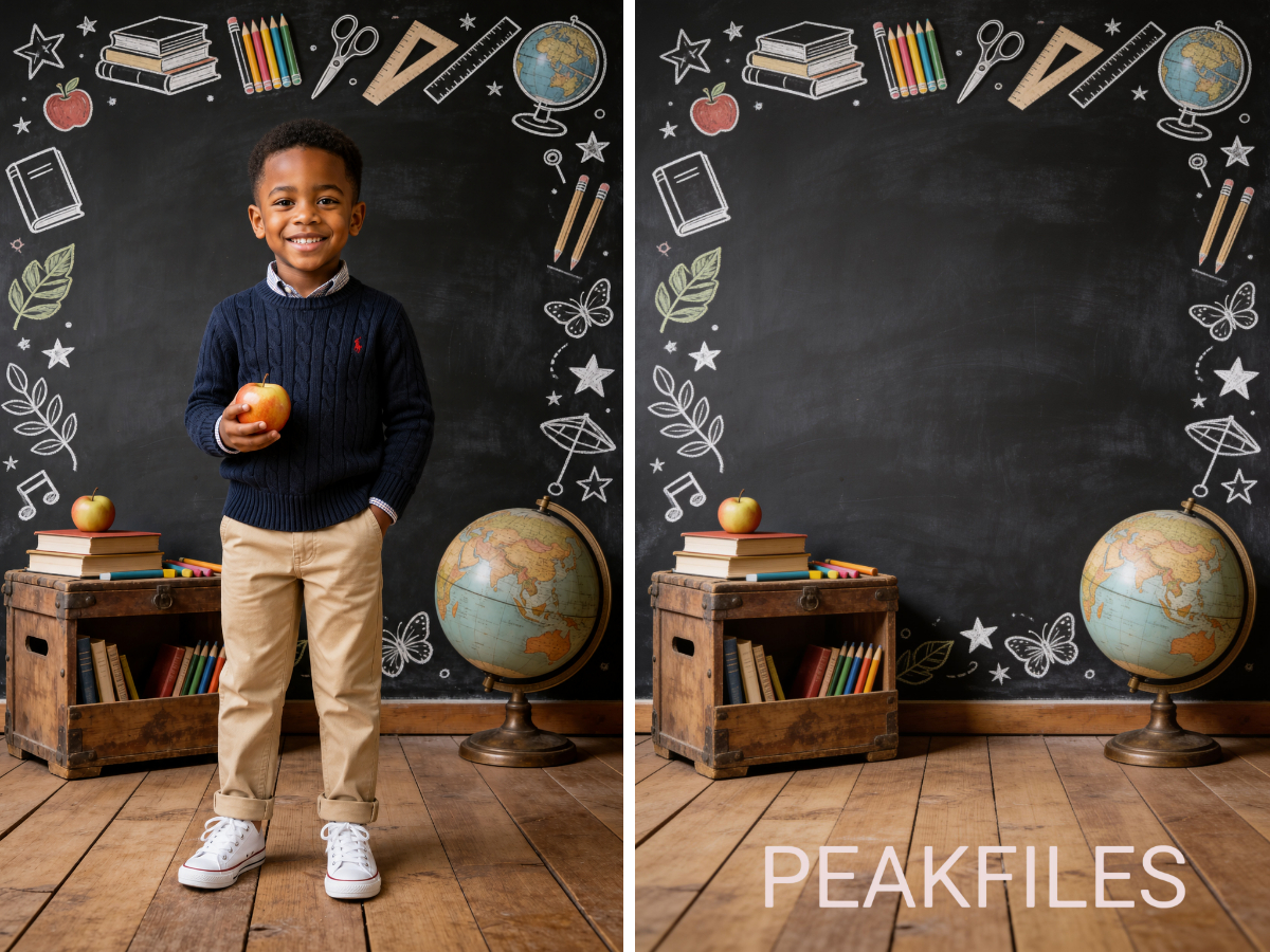 40 School Portrait Digital Backdrops, Classroom Backgrounds, Back to School Photography, Chalkboard, Teacher, Library, Globe, Apple - Thumbnail 2