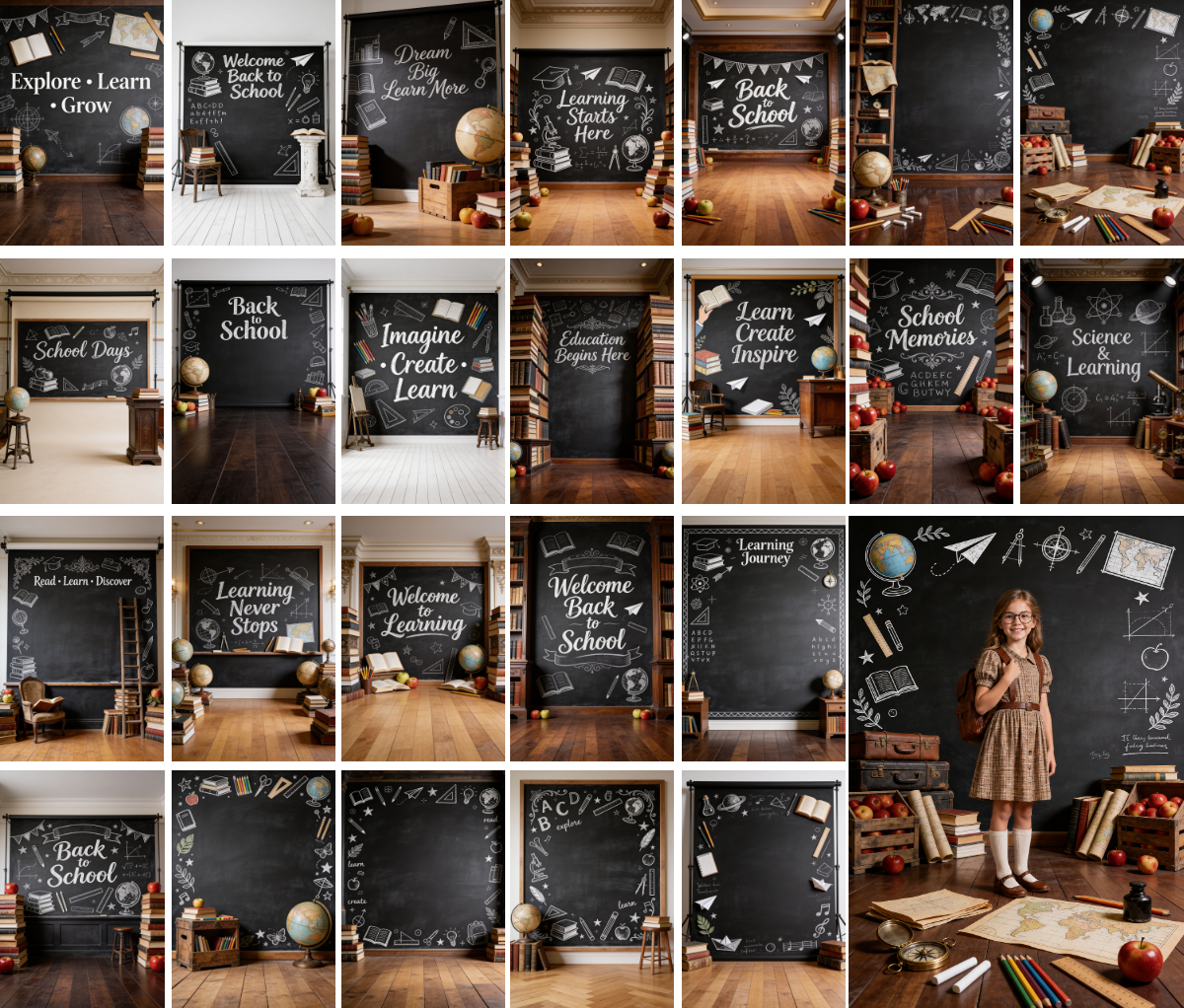40 School Portrait Digital Backdrops, Classroom Backgrounds, Back to School Photography, Chalkboard, Teacher, Library, Globe, Apple - Thumbnail 9