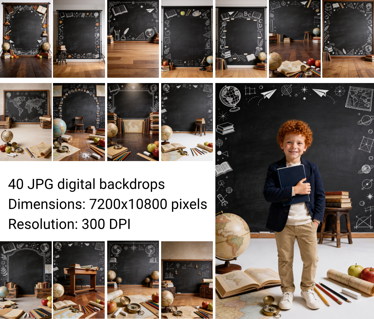 40 School Portrait Digital Backdrops, Classroom Backgrounds, Back to School Photography, Chalkboard, Teacher, Library, Globe, Apple - Thumbnail 10