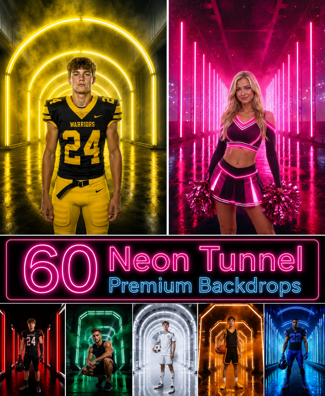 60 Neon Tunnel Digital Backdrops, Sports Photography Backgrounds, Football Cheerleading Soccer Basketball, Athlete Portraits - Image 1