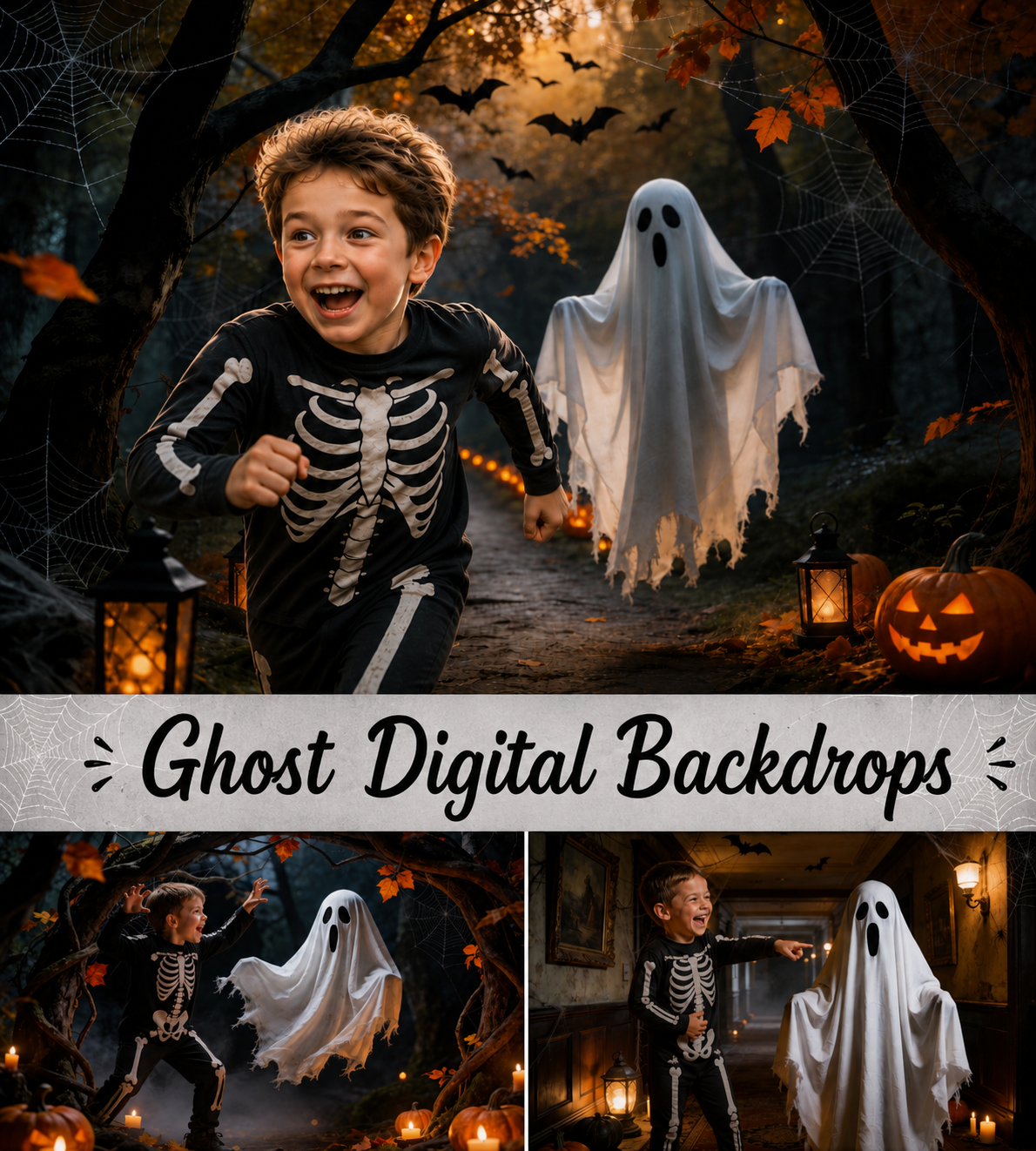 Halloween Digital Backdrops, Ghost Photography Backgrounds, Spooky Portrait Scenes, Haunted Forest JPG Set - Image 1