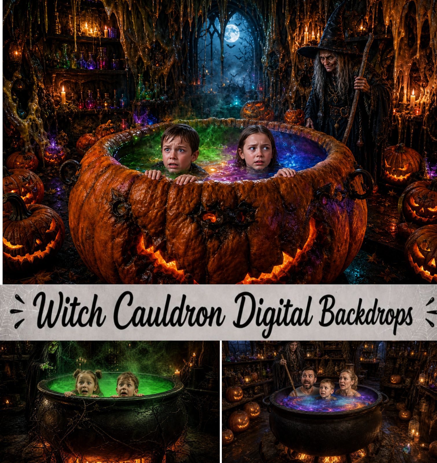 Halloween Witch Cauldron Digital Backdrops Bundle, Spooky Potion Photography Backgrounds, Magical Fantasy JPG, Instant Download - Image 1