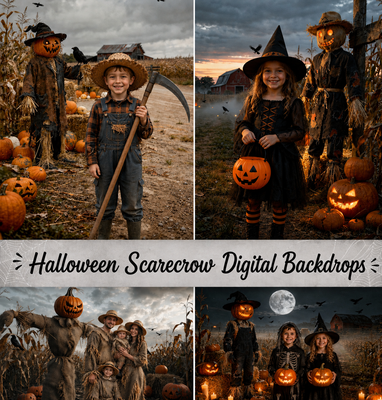 25 Halloween Scarecrow Digital Backdrops, Cornfield Farm JPG, Pumpkin Patch Photography, Kids Portrait Photography - Image 1