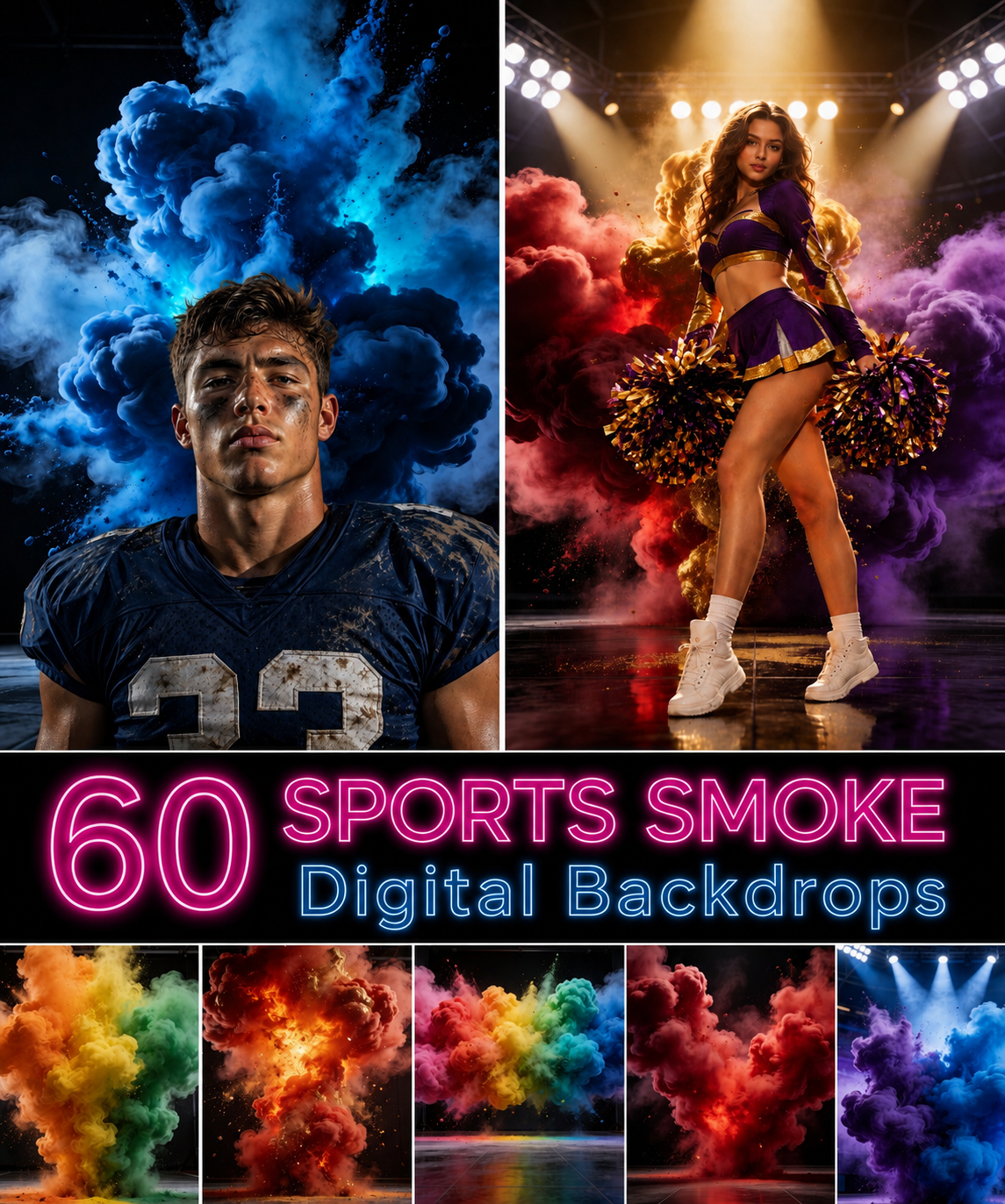 60 Sports Smoke Digital Backdrops, Football Cheerleading Photography Backgrounds, Athletic Promo JPG, Team Portrait Effects, Athlete Studio - Image 1