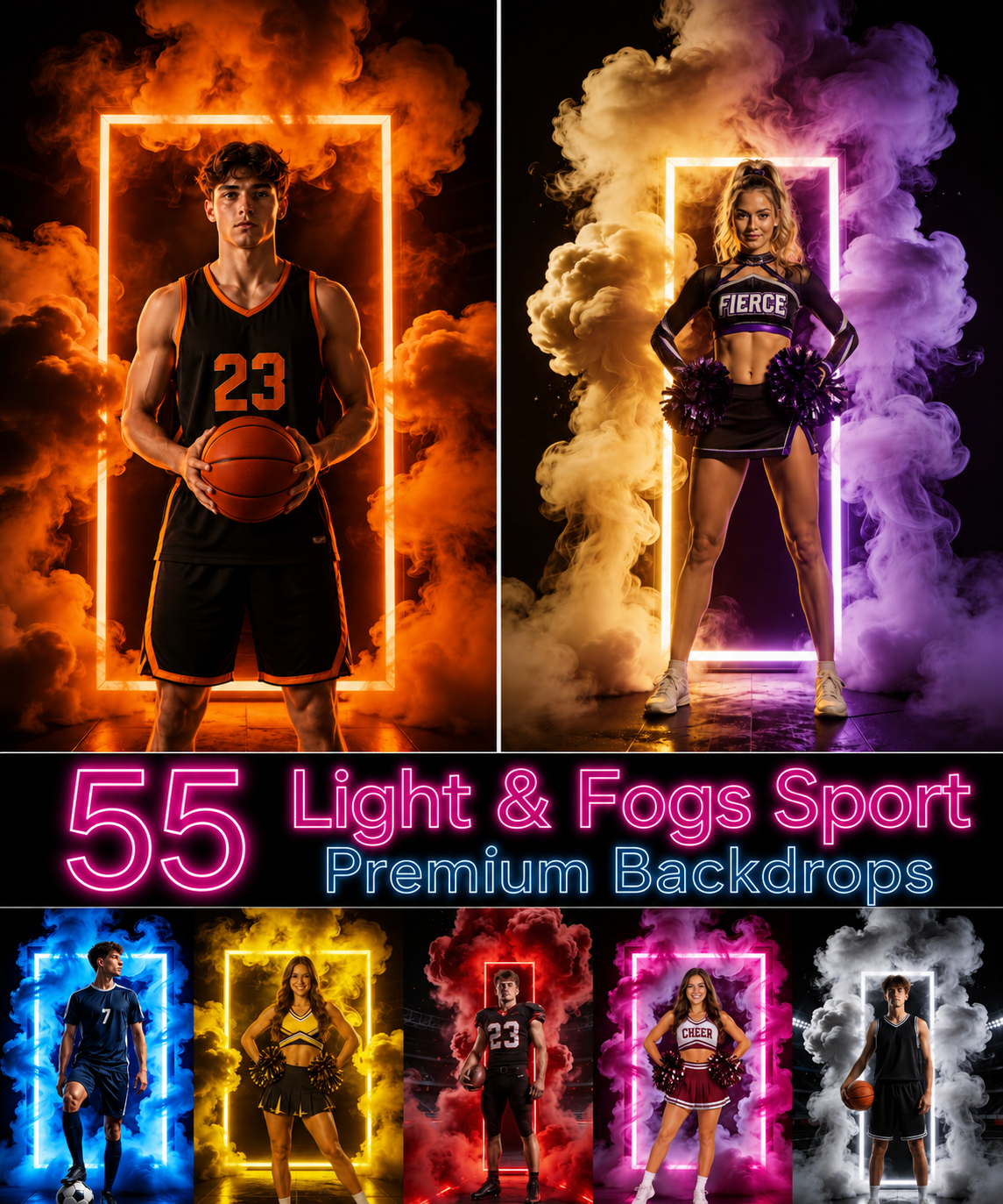 55 Light & Fogs Sport Backdrops | Sports Photography Backgrounds | Basketball, Football, Soccer, Cheer & Athlete Portraits - Image 1