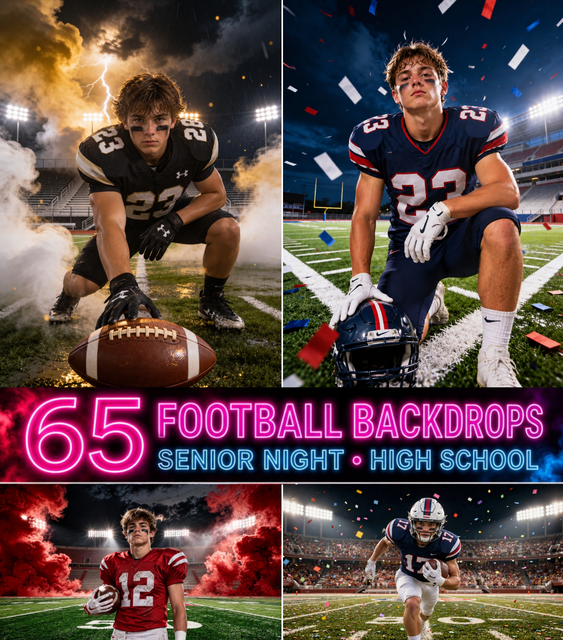 65 High School Football Senior Night Digital Backdrops, Sports Photography Portraits, Stadium Smoke Bundle, Player JPG Backgrounds - Image 1