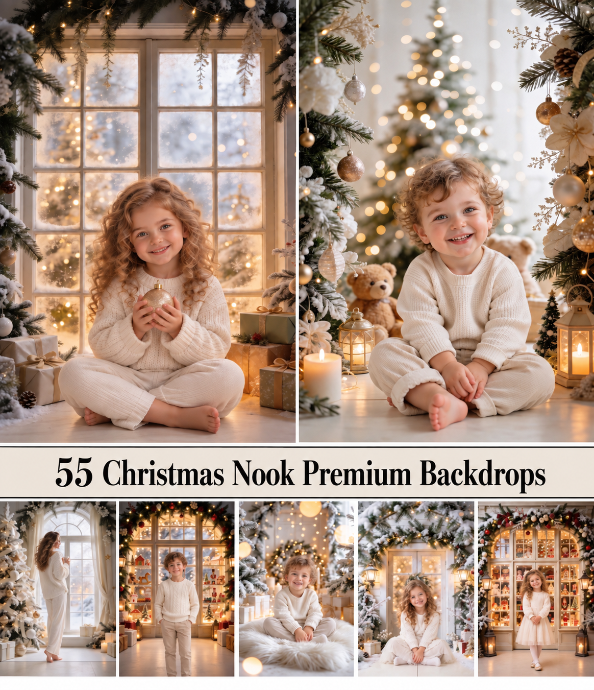 55 Christmas Nook Digital Backdrops, Cozy Holiday Photography Scenes, Winter Wonderland Set, Instant Download - Image 1