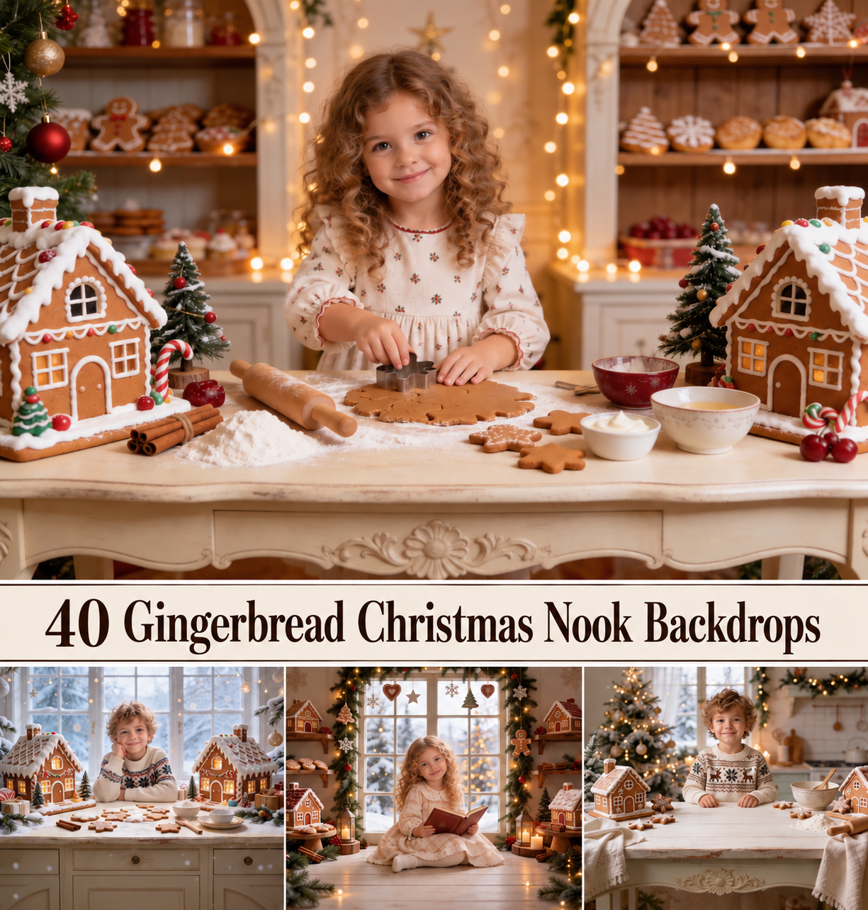 Christmas Gingerbread Digital Backdrops, 40 Kids Holiday Photography Scenes - Image 1