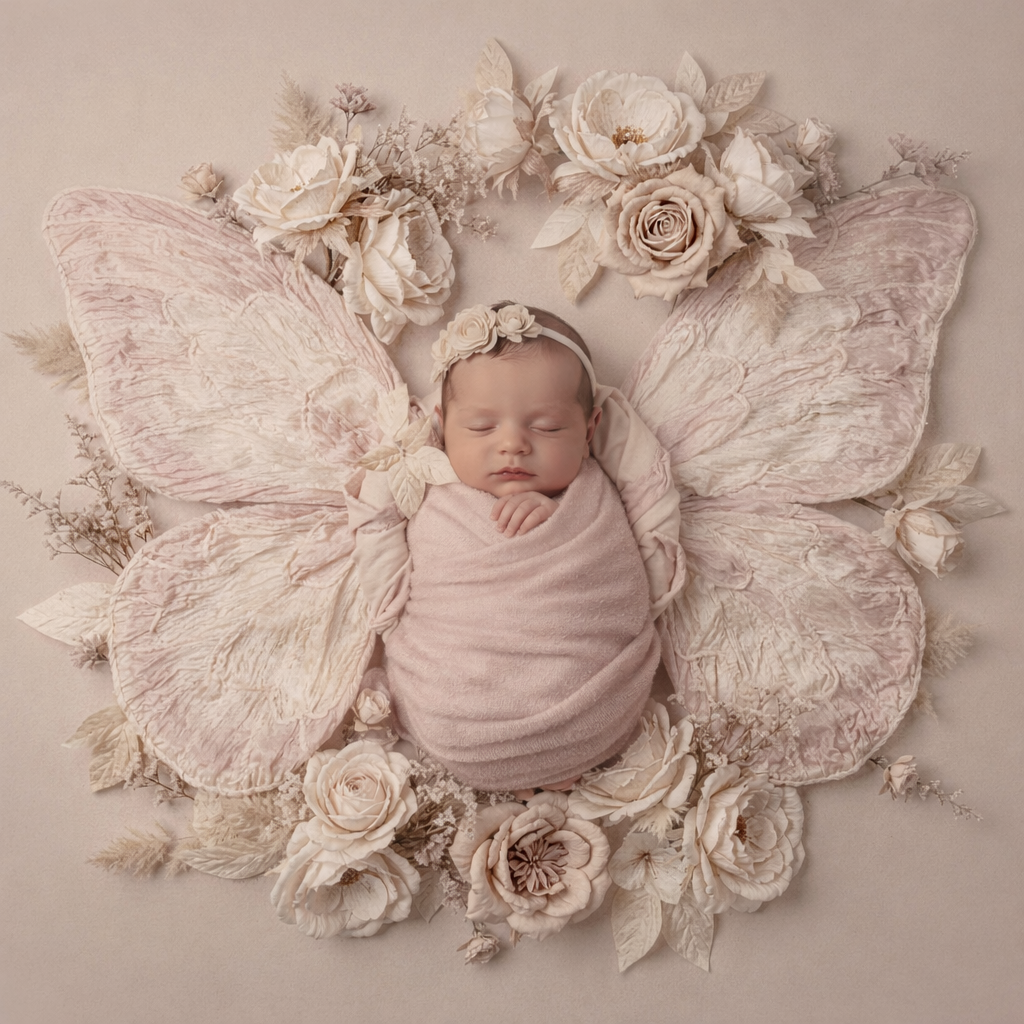 Newborn Butterfly Wings Backdrop, Neutral Floral Baby Background, Soft Beige Pink Newborn Photography Prop - Image 1