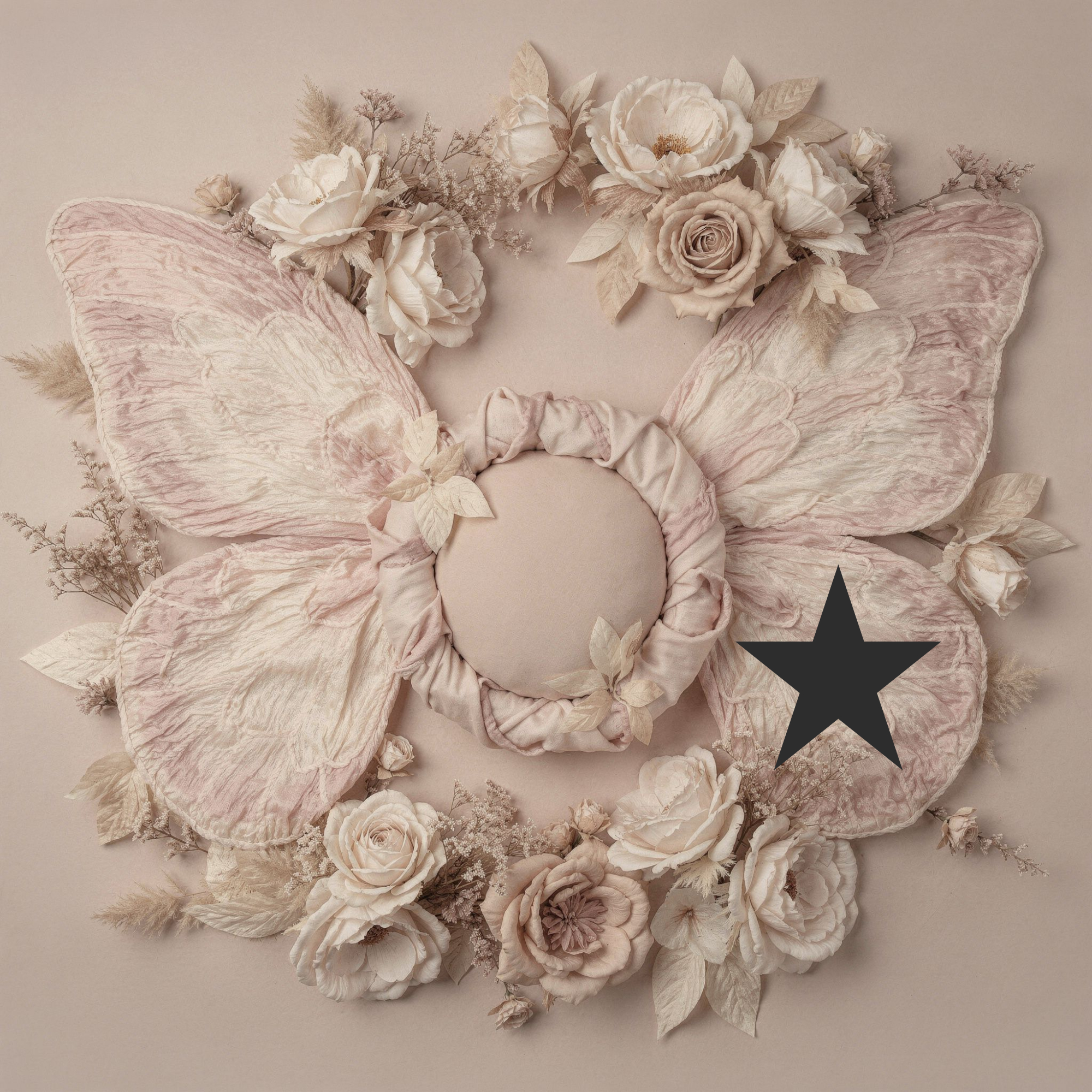 Newborn Butterfly Wings Backdrop, Neutral Floral Baby Background, Soft Beige Pink Newborn Photography Prop - Thumbnail 2