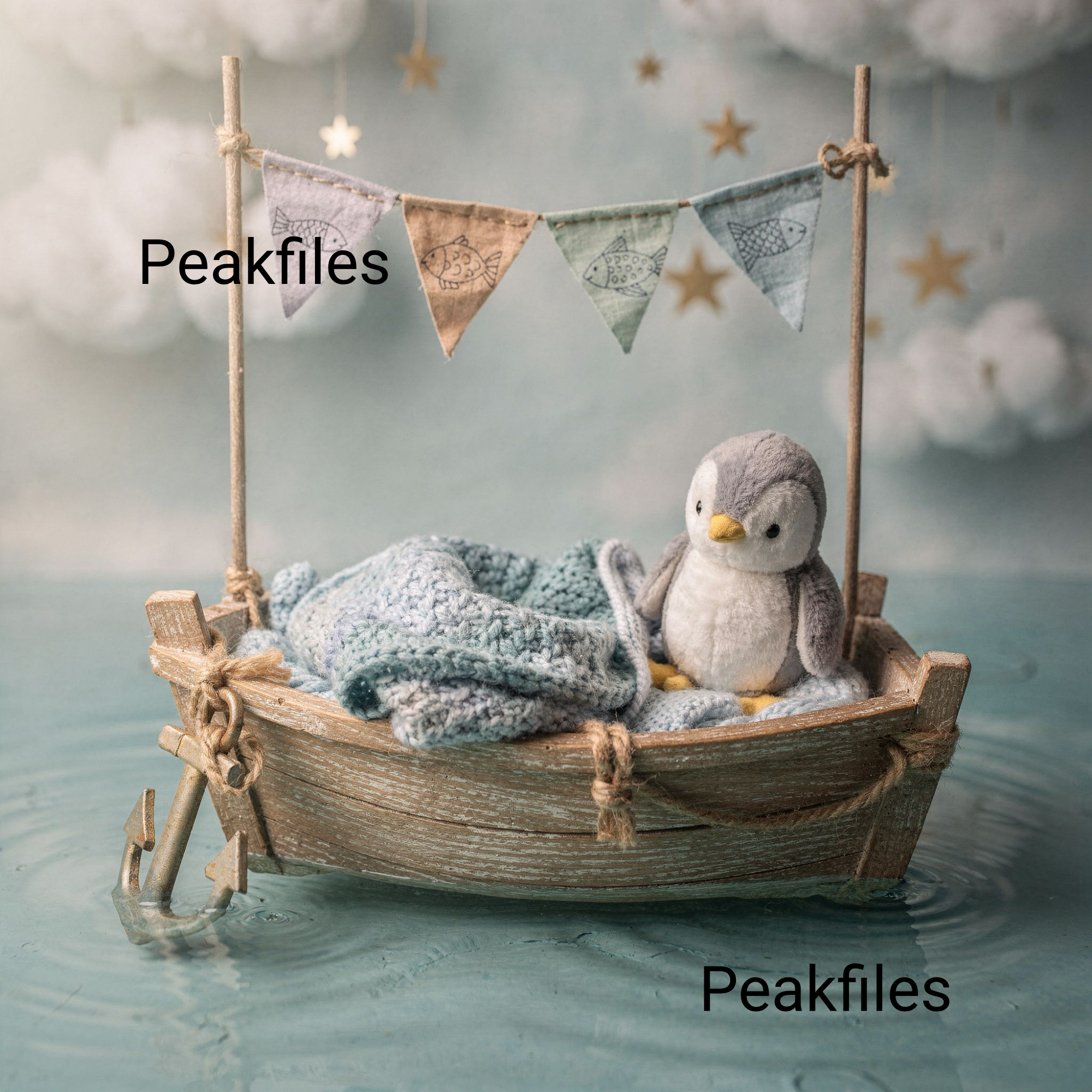 Newborn Baby in Boat with Penguin, Nautical Nursery Wall Art, Baby Boy Photo Prop, Ocean Theme Nursery Decor - Thumbnail 2