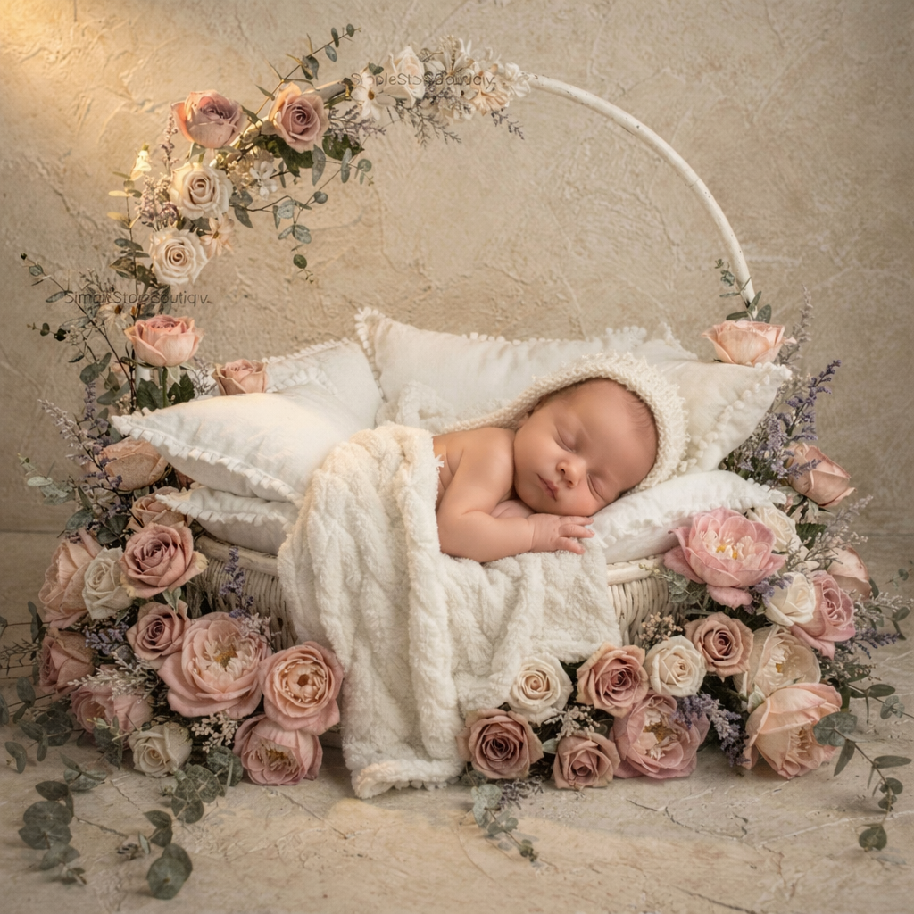 Newborn Photography Prop Floral Basket Backdrop, Neutral Baby Photo Setup, Boho Newborn Digital Background, Cream Beige Floral Scene - Image 1