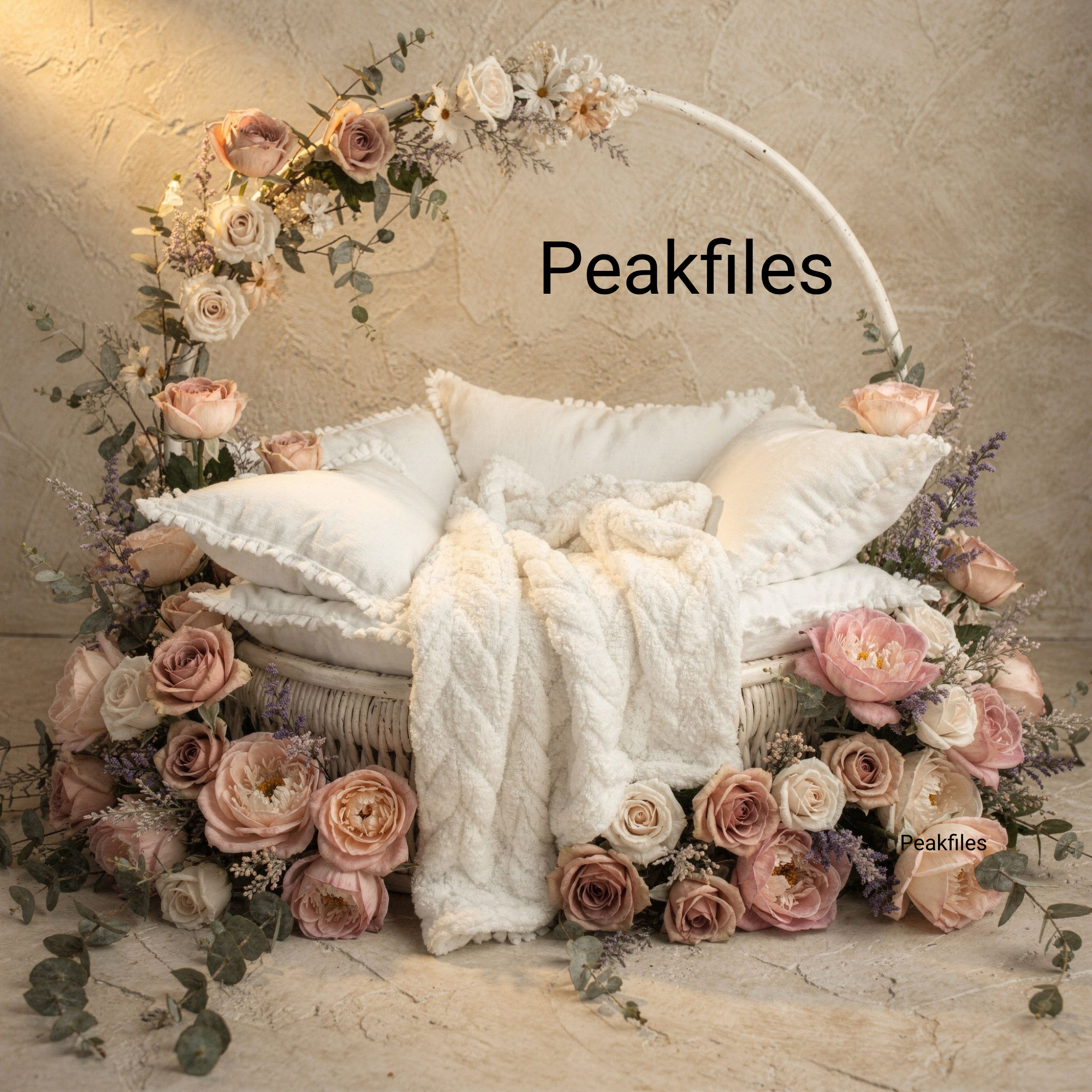 Newborn Photography Prop Floral Basket Backdrop, Neutral Baby Photo Setup, Boho Newborn Digital Background, Cream Beige Floral Scene - Thumbnail 2