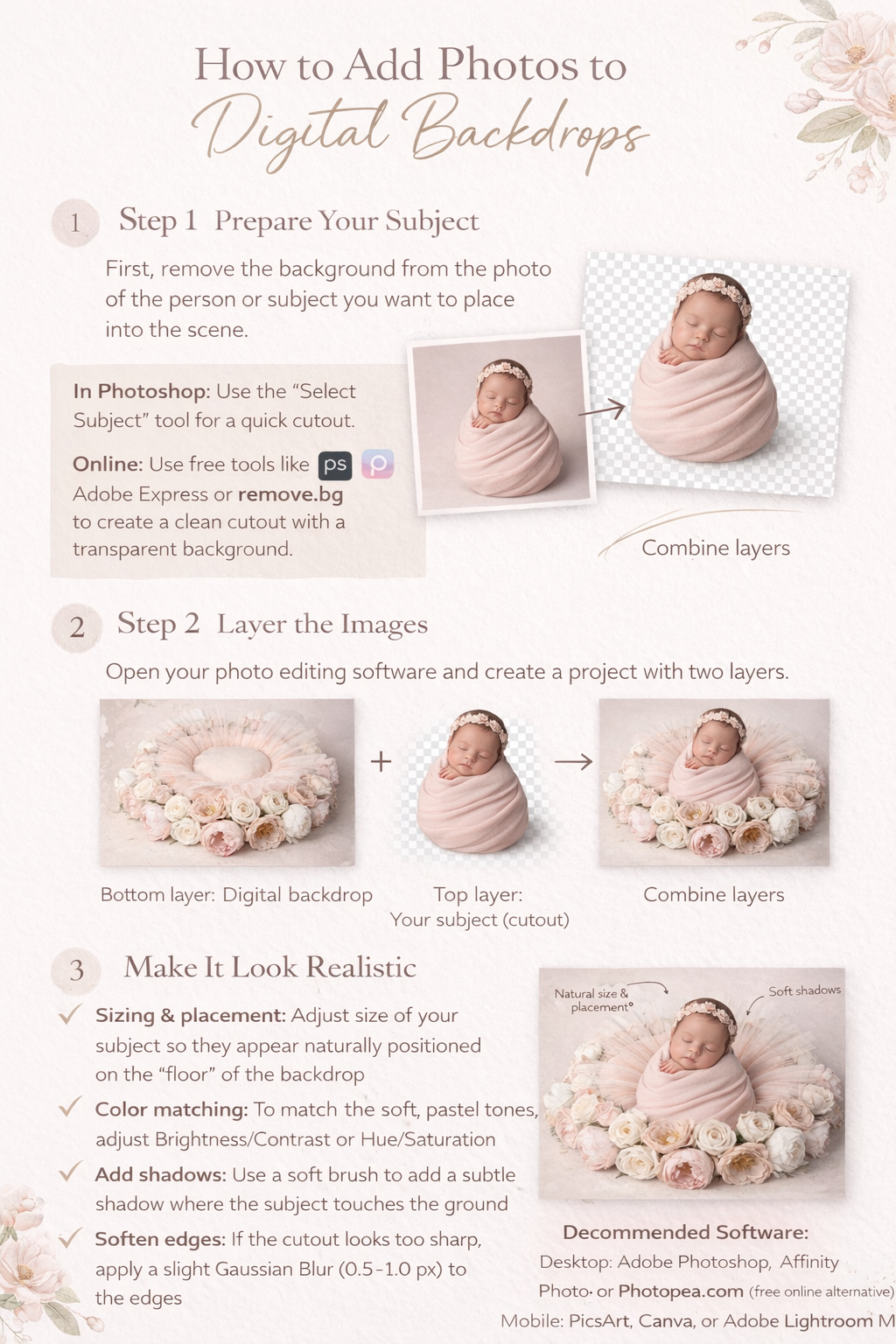 Floral Photography Backdrop, Blush Roses, Baby Shower Background, Neutral Studio Prop - Thumbnail 3