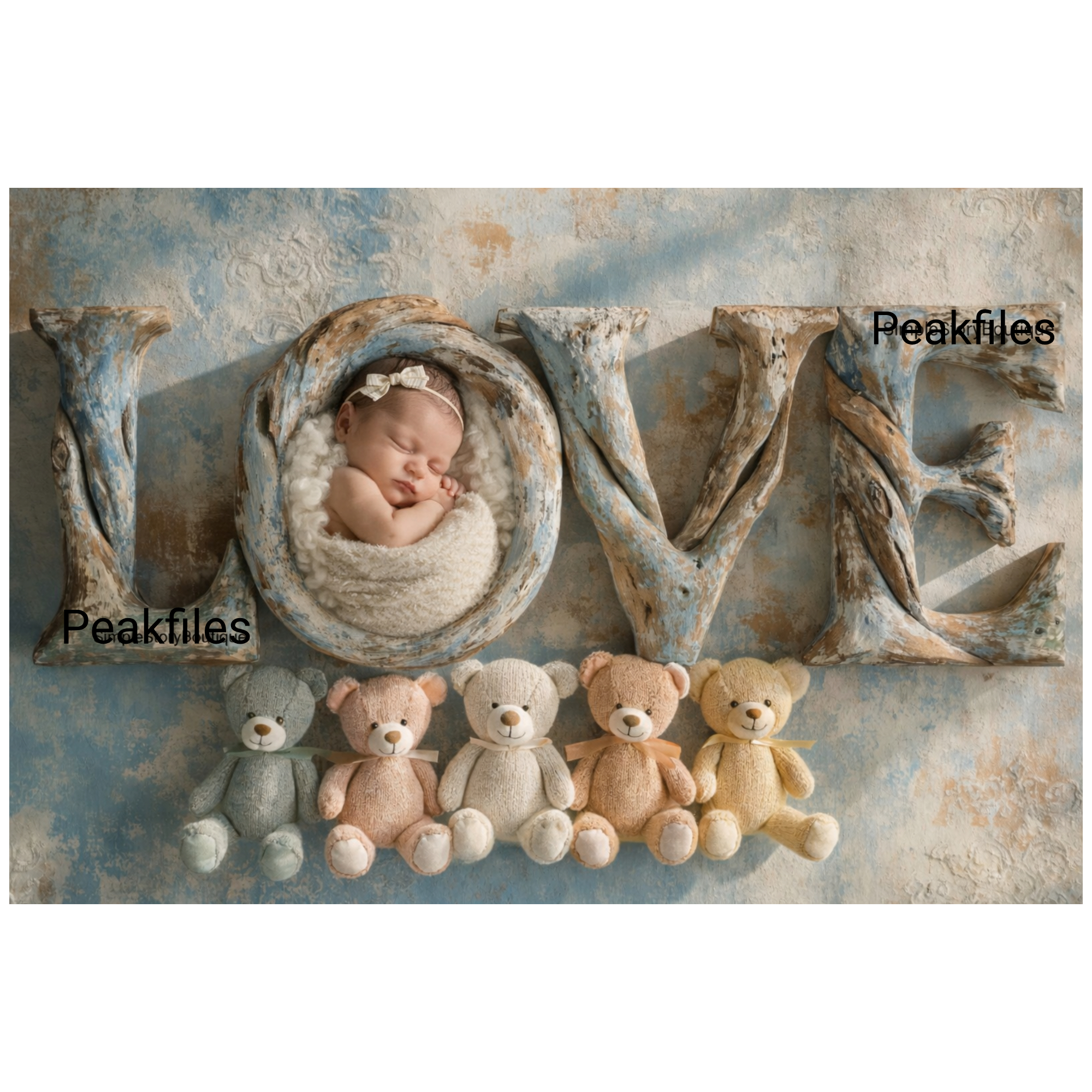 Newborn LOVE Digital Backdrop, Rustic Blue Wooden Letters, Teddy Bear Theme, Baby Photo Prop Background, Vintage, Newborn Photography - Image 1