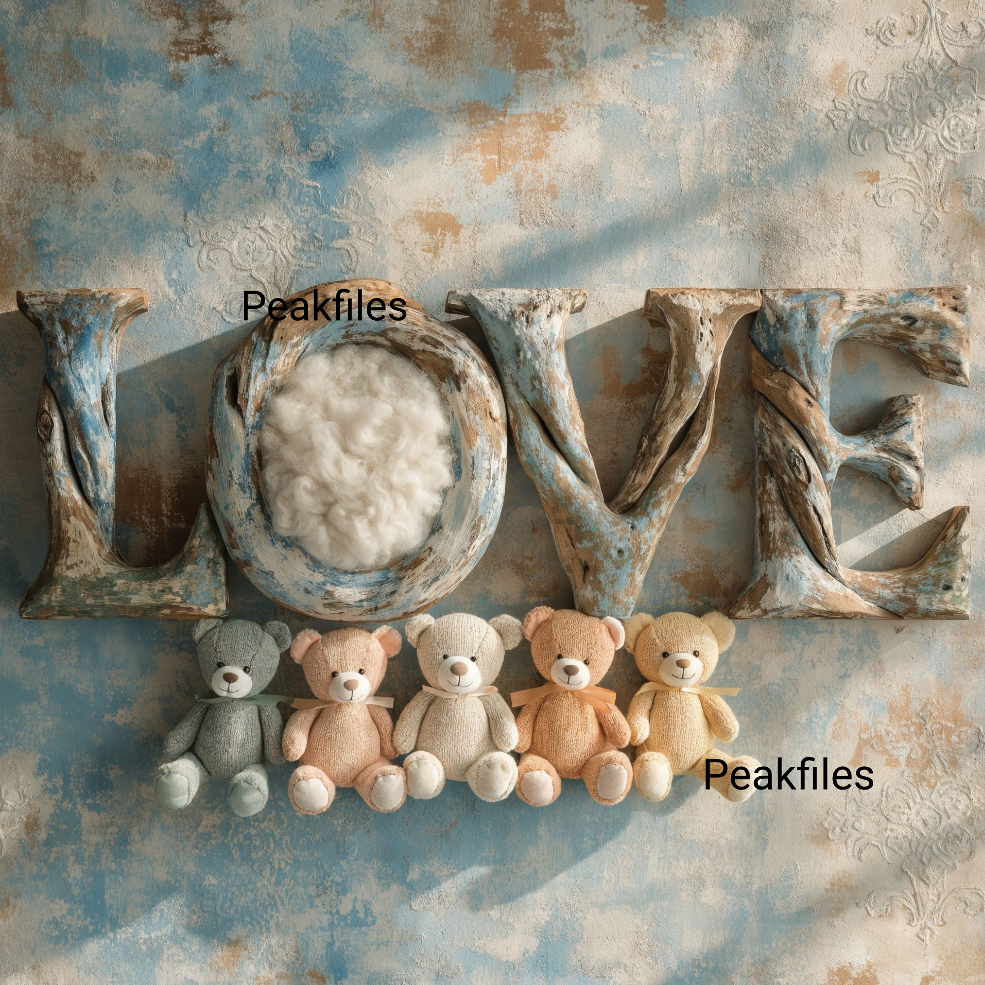 Newborn LOVE Digital Backdrop, Rustic Blue Wooden Letters, Teddy Bear Theme, Baby Photo Prop Background, Vintage, Newborn Photography - Thumbnail 2