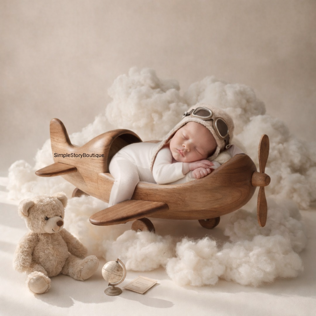 Newborn Digital Backdrop Airplane Cradle in Clouds, Vintage Wooden Plane Prop, Soft Neutral Baby Photography Background, Whimsical Dreamy - Thumbnail 2