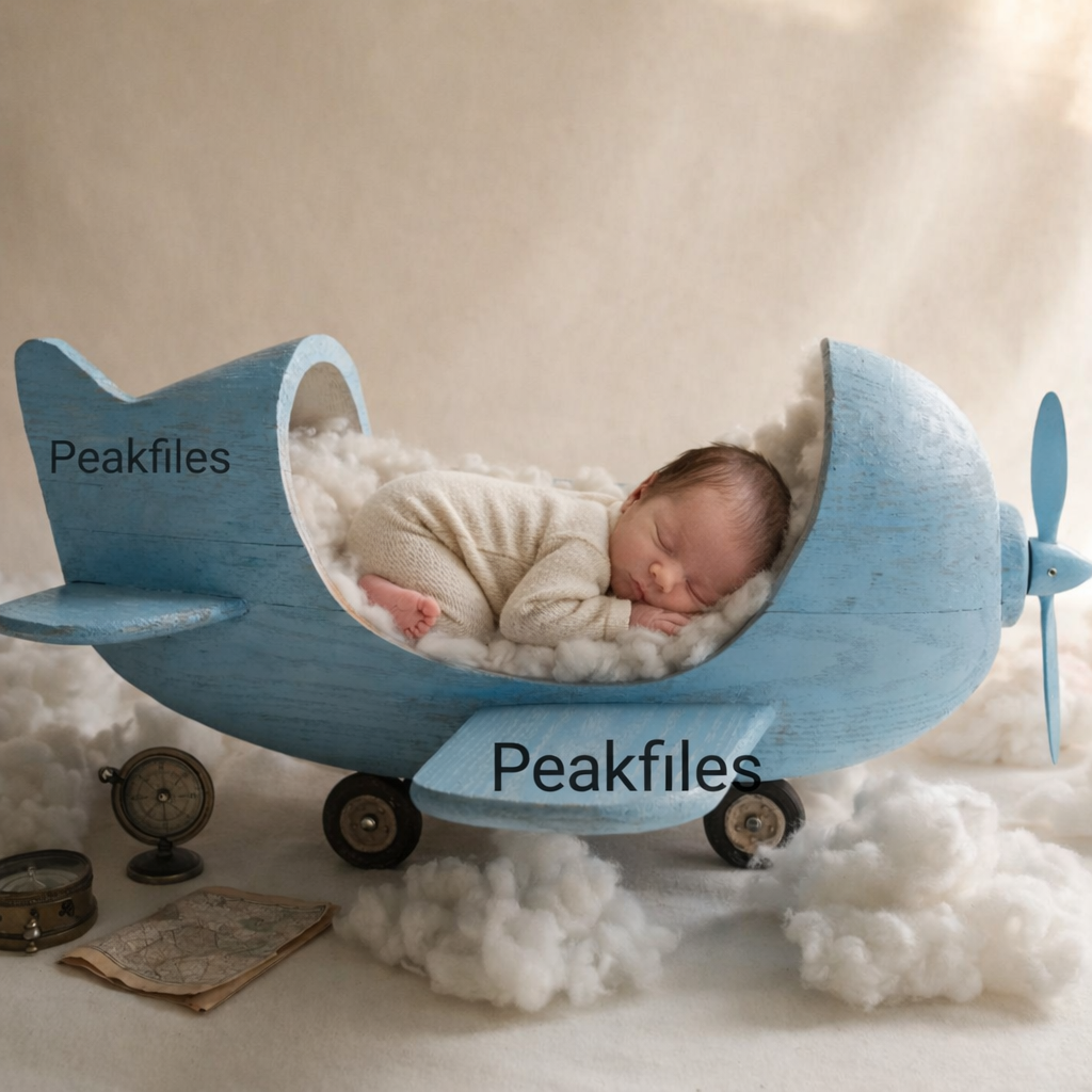 Newborn Digital Backdrop Airplane Cradle in Clouds, Vintage Wooden Plane Prop, Soft Neutral Baby Photography Background, Whimsical Dreamy - Image 1