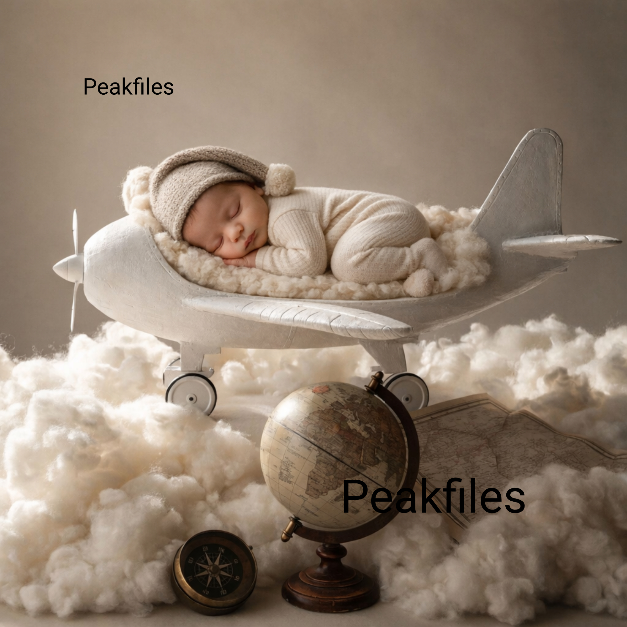 Newborn Digital Backdrop Airplane Cradle in Clouds, Vintage Wooden Plane Prop, Soft Neutral Baby Photography Background, Whimsical Dreamy - Image 1