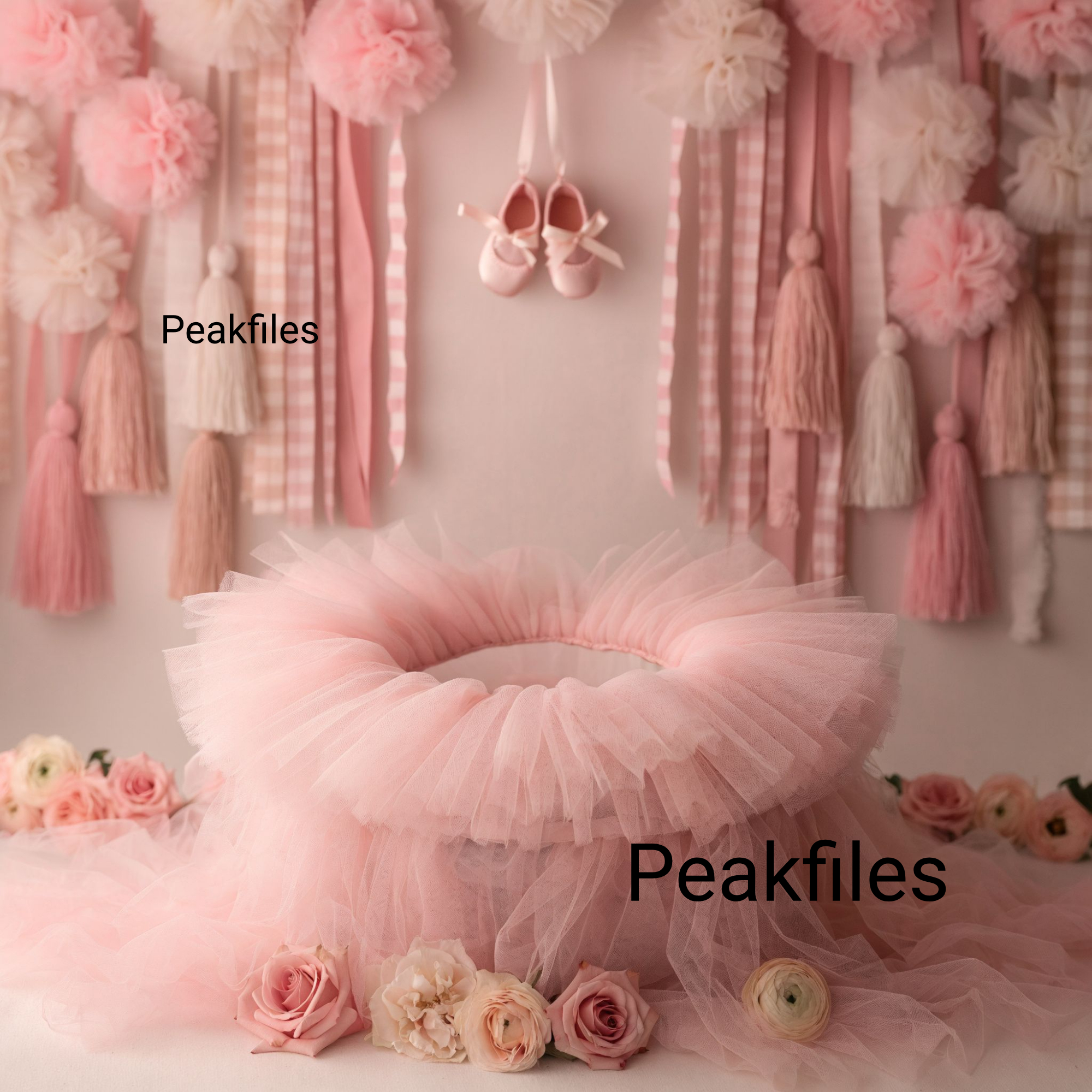 Ballet Newborn Digital Backdrop, Pink Baby Girl Photography Prop, Dreamy Tulle Floral Background - Image 1