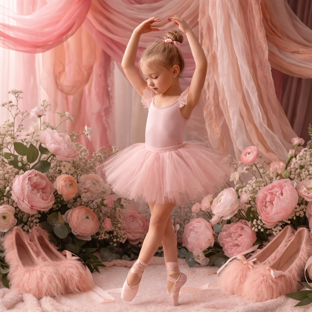 Ballet Digital Backdrop, Pink Floral Drapery, Studio Photography Background, Romantic Ballerina Theme - Image 1