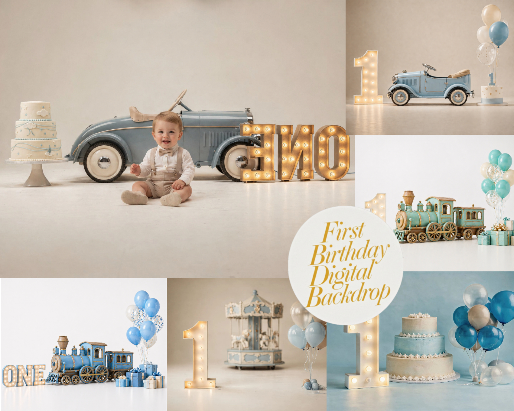 ONE First Birthday Digital Backdrop, Vintage Car Cake Smash Scene, Balloons, Retro Style, Boys 1st Birthday Photoshoot (Digital Download) - Thumbnail 3