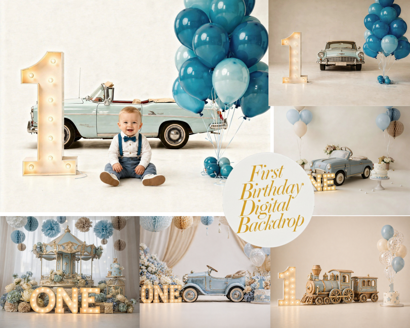 ONE First Birthday Digital Backdrop, Vintage Car Cake Smash Scene, Balloons, Retro Style, Boys 1st Birthday Photoshoot (Digital Download) - Thumbnail 4