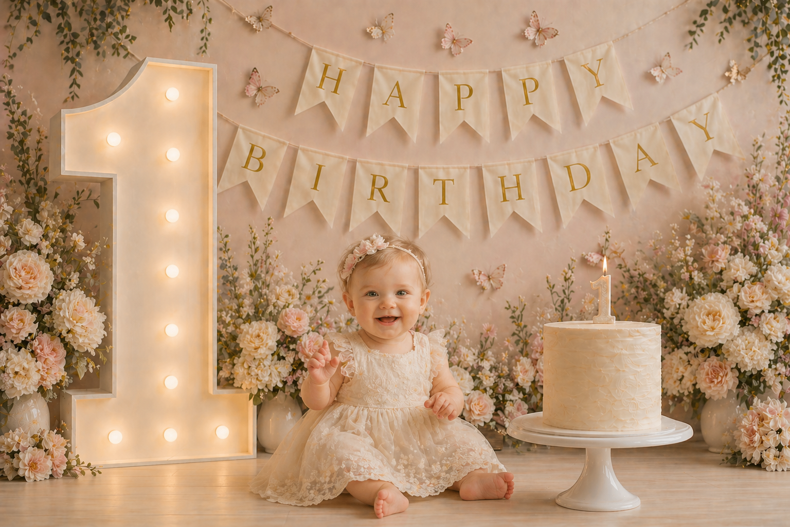 Pink Floral 1st Birthday Digital Backdrop Set of 4, Pastel ONE Cake Smash Background, Baby Girl First Birthday Photo Backdrop - Thumbnail 3
