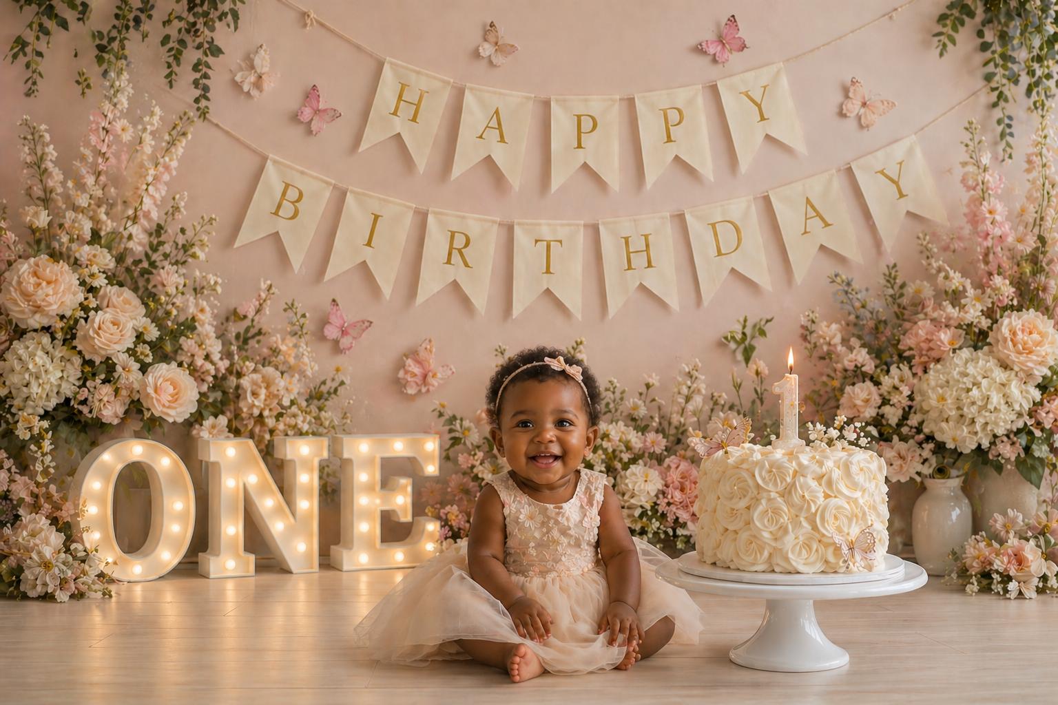 Pink Floral 1st Birthday Digital Backdrop Set of 4, Pastel ONE Cake Smash Background, Baby Girl First Birthday Photo Backdrop - Thumbnail 4