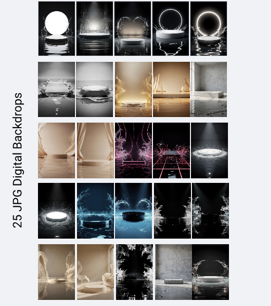 25 Water Splash Podium Digital Backdrops, Black Stage Spotlight Backgrounds, Fine Art Podium Set, Diverse Styles, Photoshop Composite JPG - Thumbnail 5