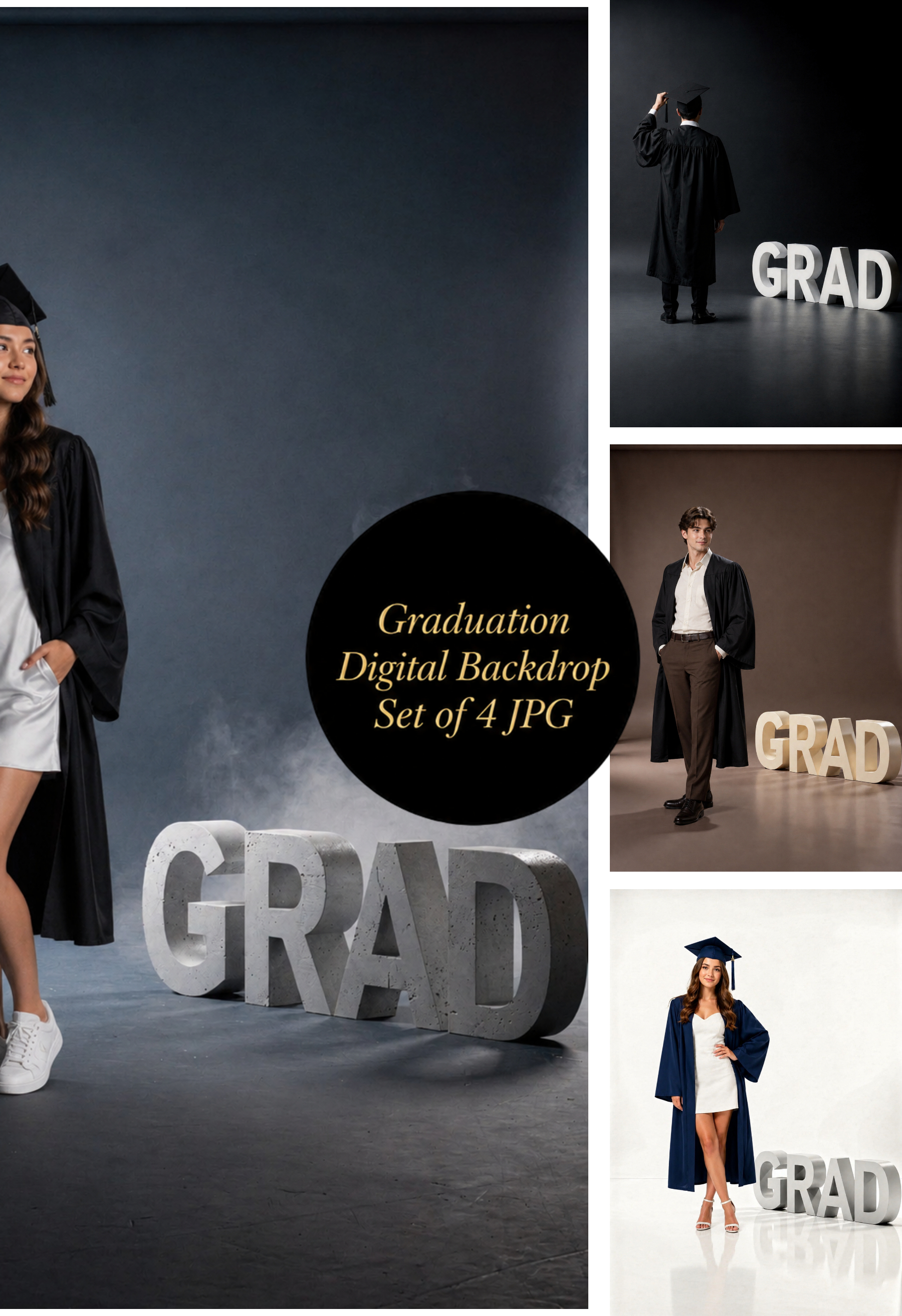 Graduation Digital Backdrop Set | 2026 Senior Photo Backgrounds with 3D GRAD Letters, 4 JPGs - Image 1