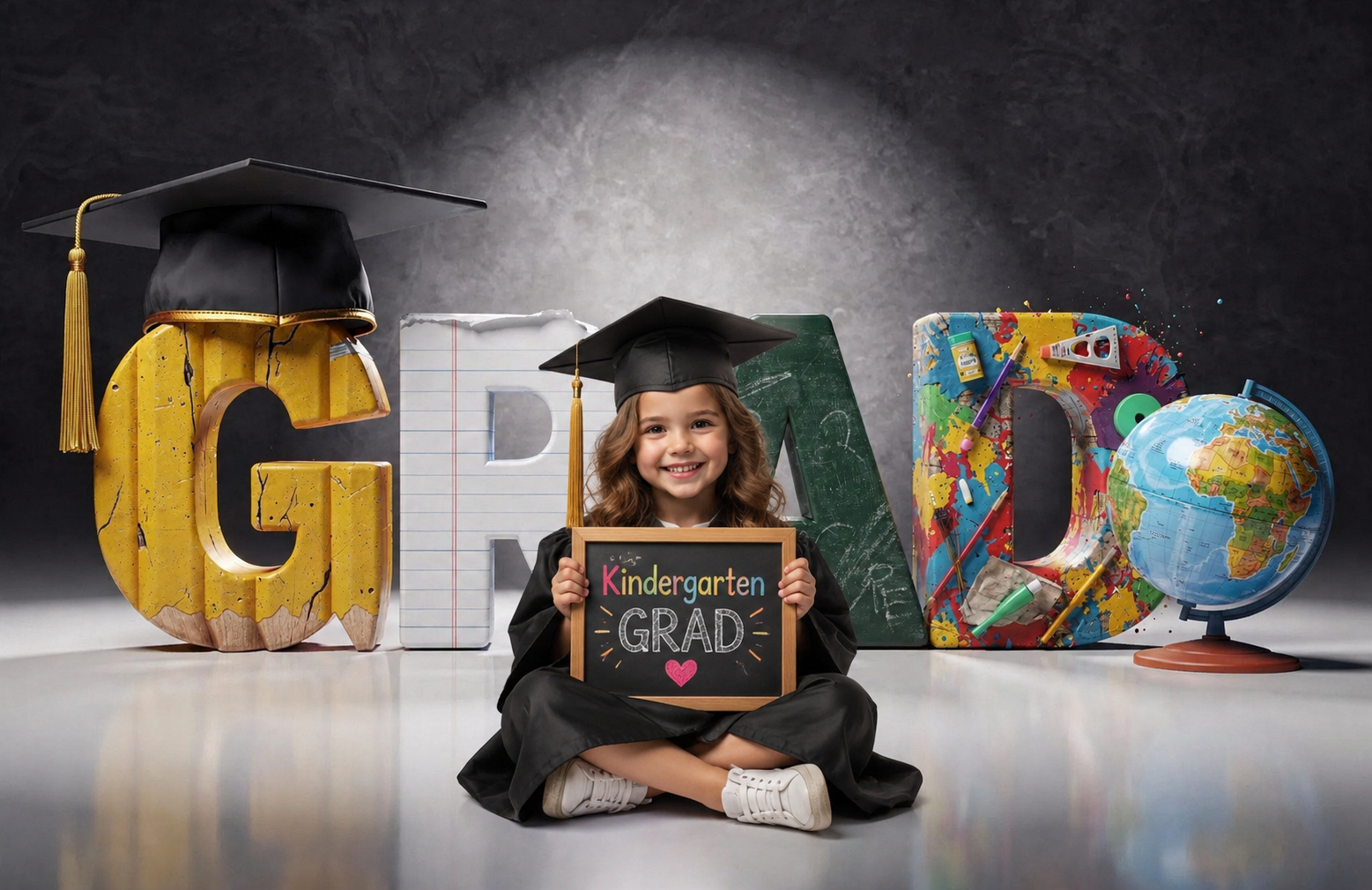 Kindergarten Graduation Digital Backdrop | Colorful GRAD Letters | School Portrait PSD Overlay | Preschool Graduation Background - Thumbnail 2