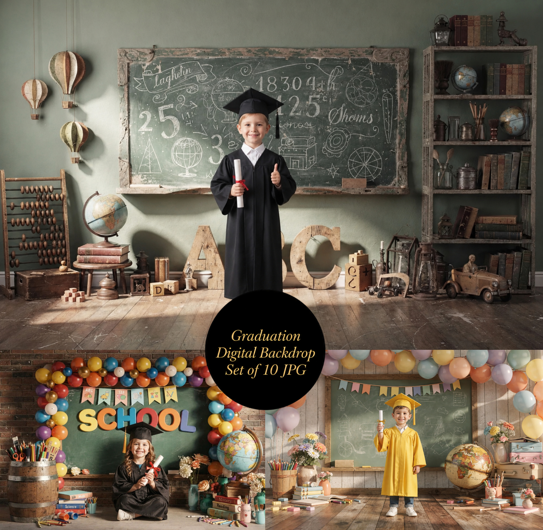 Kindergarten Graduation Digital Backdrop | Colorful GRAD Letters | School Portrait PSD Overlay | Preschool Graduation Background | 10 JPGs - Image 1