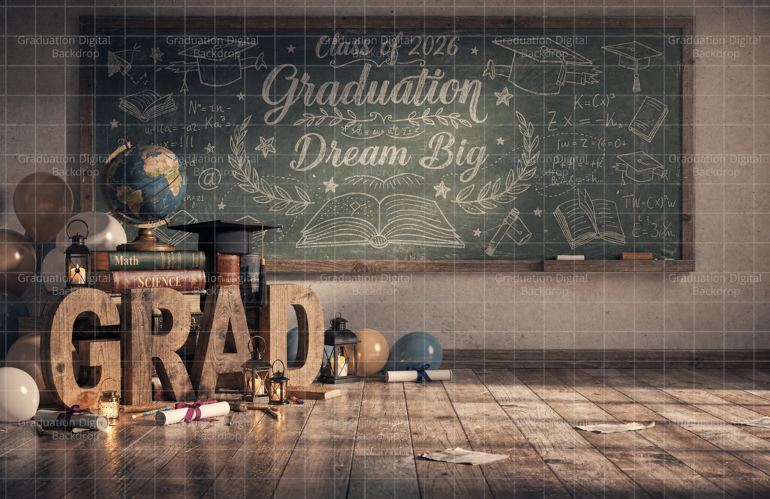 2026 Kindergarten Graduation Digital Backdrop | Colorful GRAD Letters | School Portrait PSD Overlay | Preschool Graduation Background - Thumbnail 3