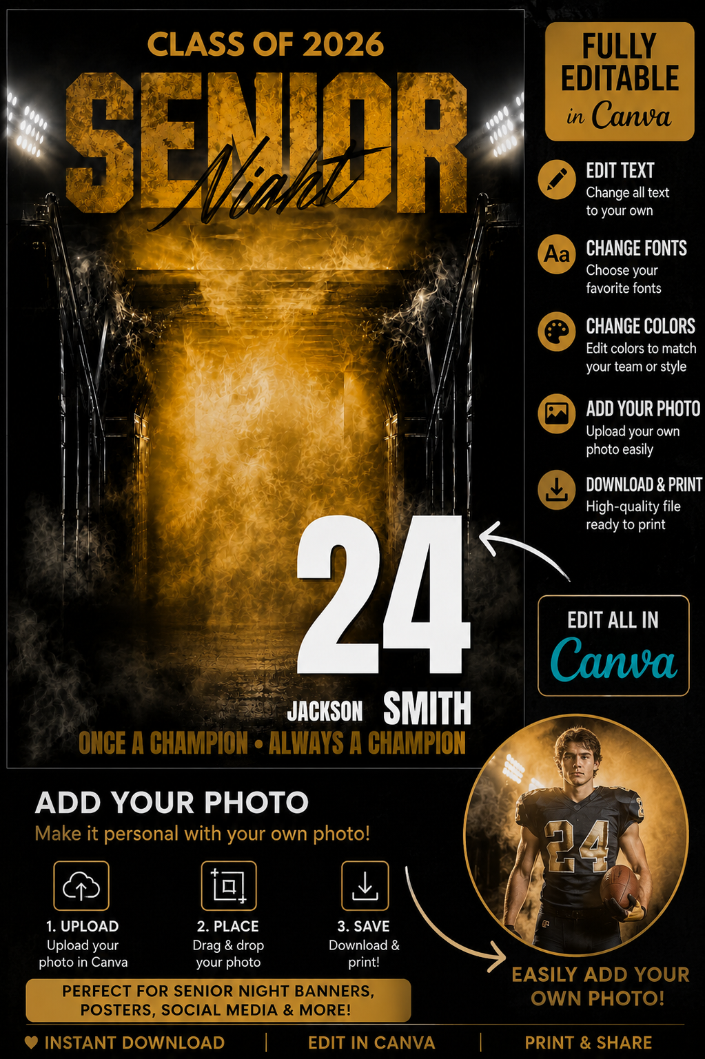 Football Senior Night Poster Template | Editable in Canva | Custom Sports Banner, Memory Mate & Team Cards | Football Background - Thumbnail 3
