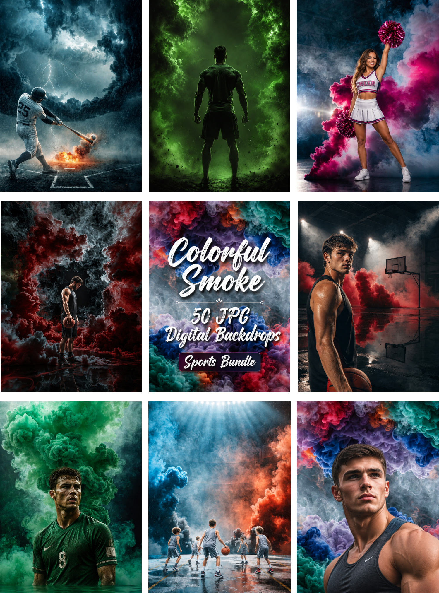 50 Colorful Smoke Sports Digital Backdrops | Senior Night Athlete Portraits | JPG Background Bundle - Image 1