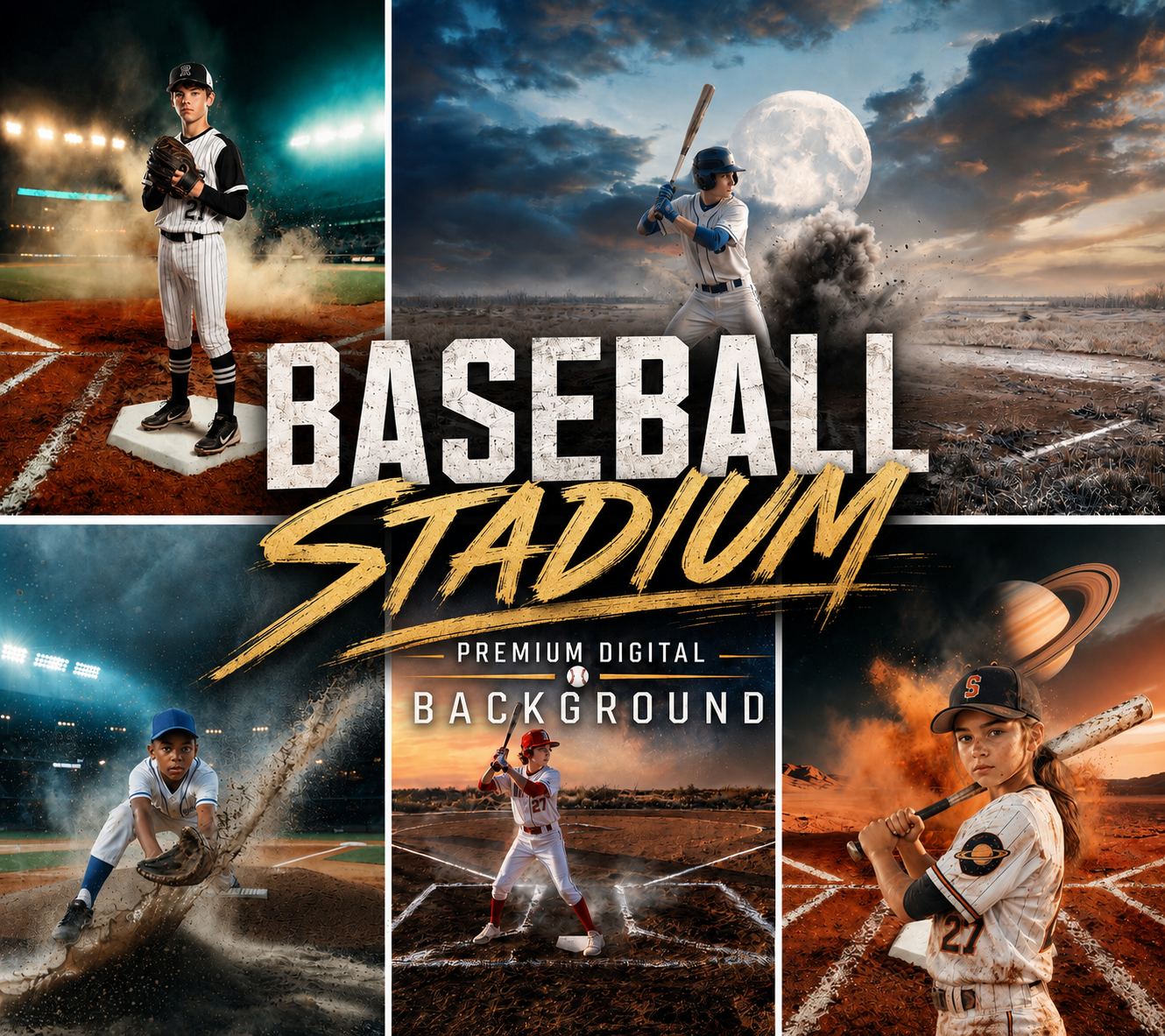 35 Baseball Digital Backdrops: Stadium Lights, Smoke Effects, Sports Photo Backgrounds, Baseball Photoshop Overlay, Team Portrait Backdrop - Image 1