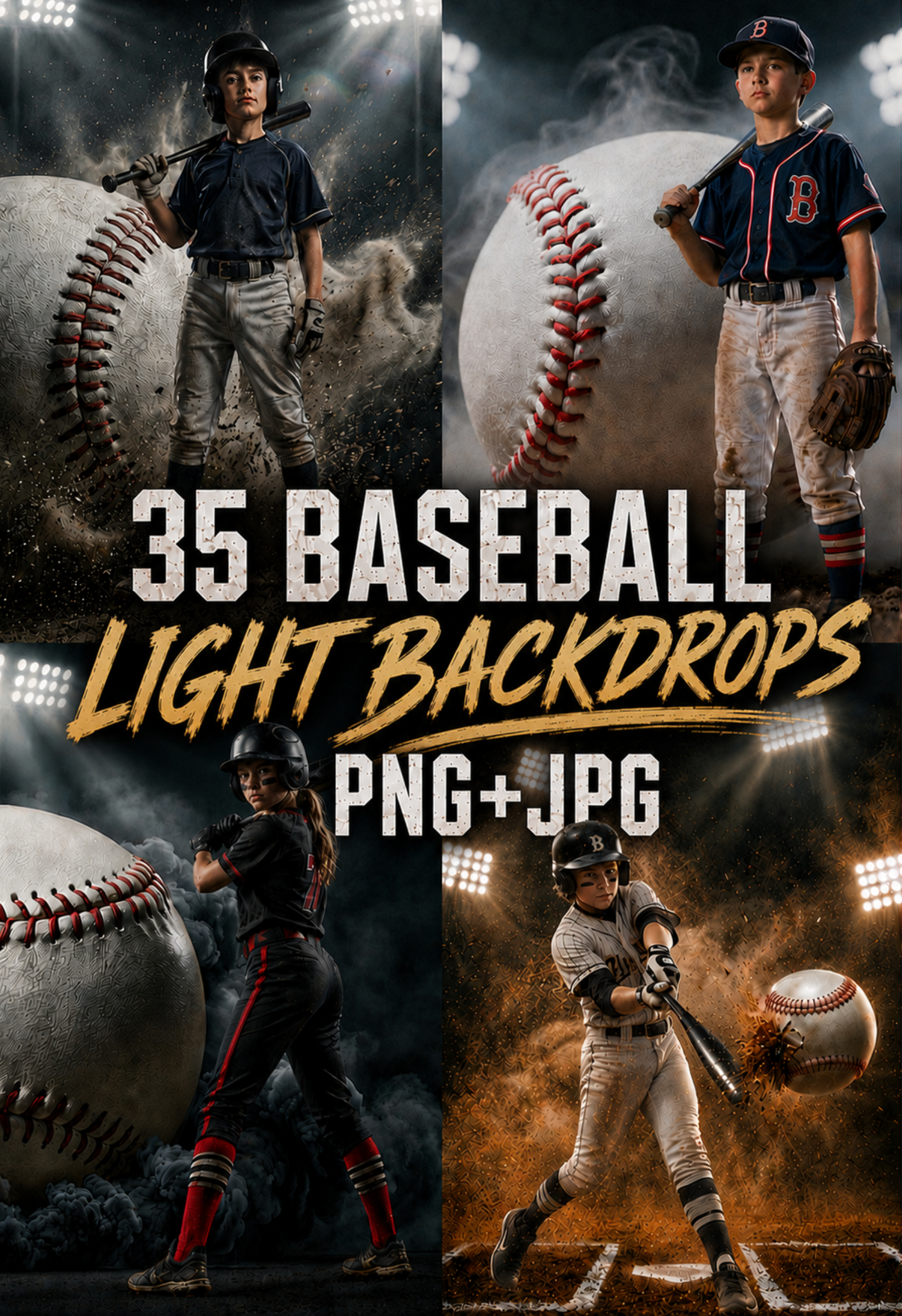 35 Baseball Light Digital Backdrops PNG JPG, Sports Photography Backgrounds, Editable Baseball Photoshop Templates, Sports Photo Backgrounds - Image 1