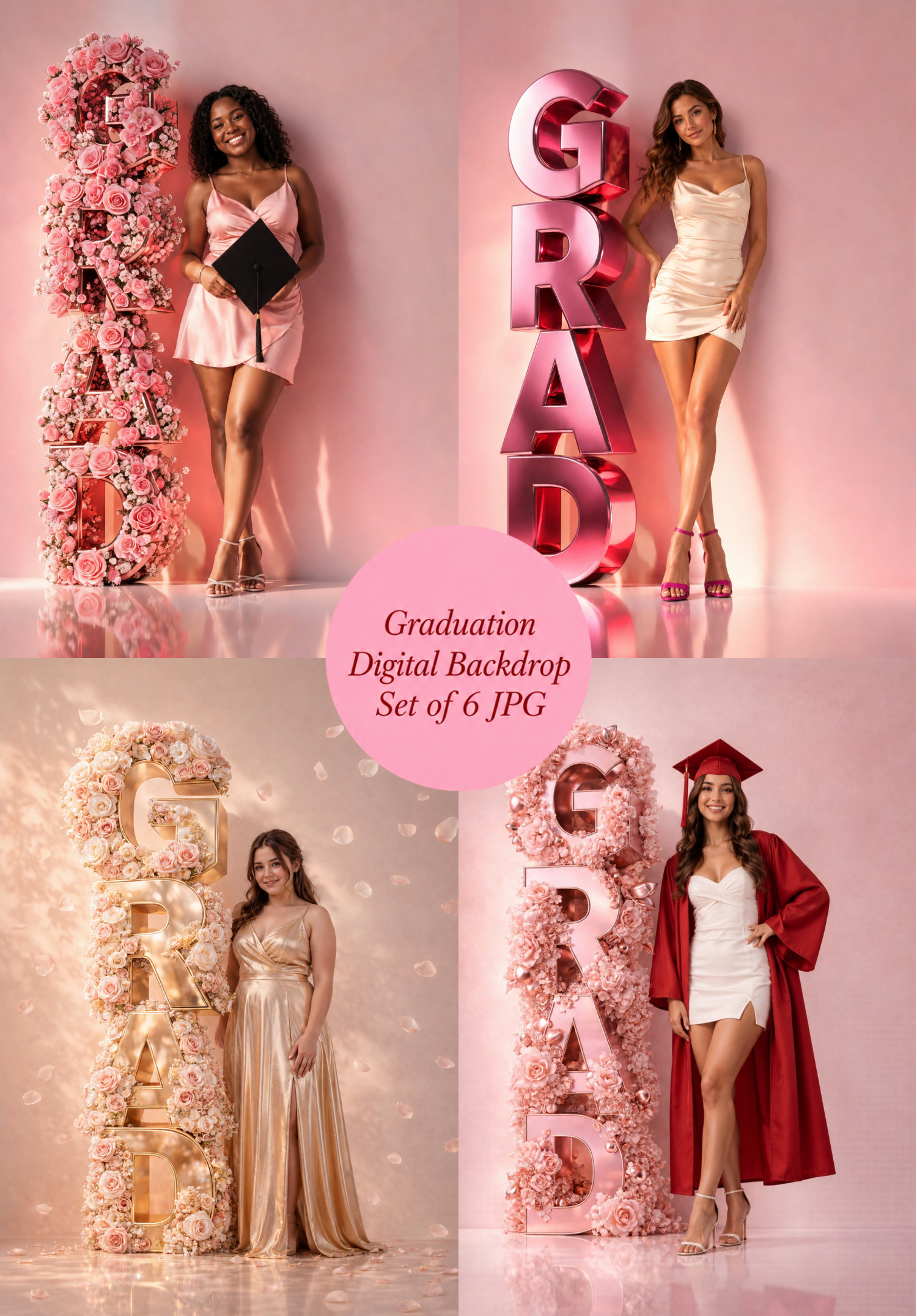 Pink Graduation Digital Backdrop Set | 2026 Senior Photo Backgrounds with 3D GRAD Letters, 6 JPGs - Image 1
