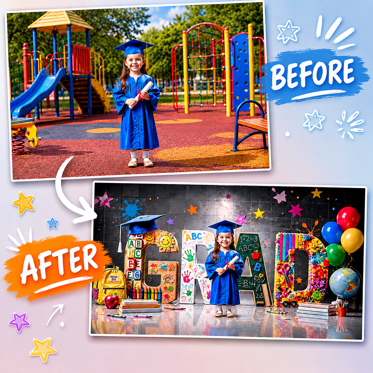 Kindergarten Graduation Digital Backdrop | Colorful GRAD Letters | School Portrait PSD Overlay | Preschool Graduation Background - Image 1