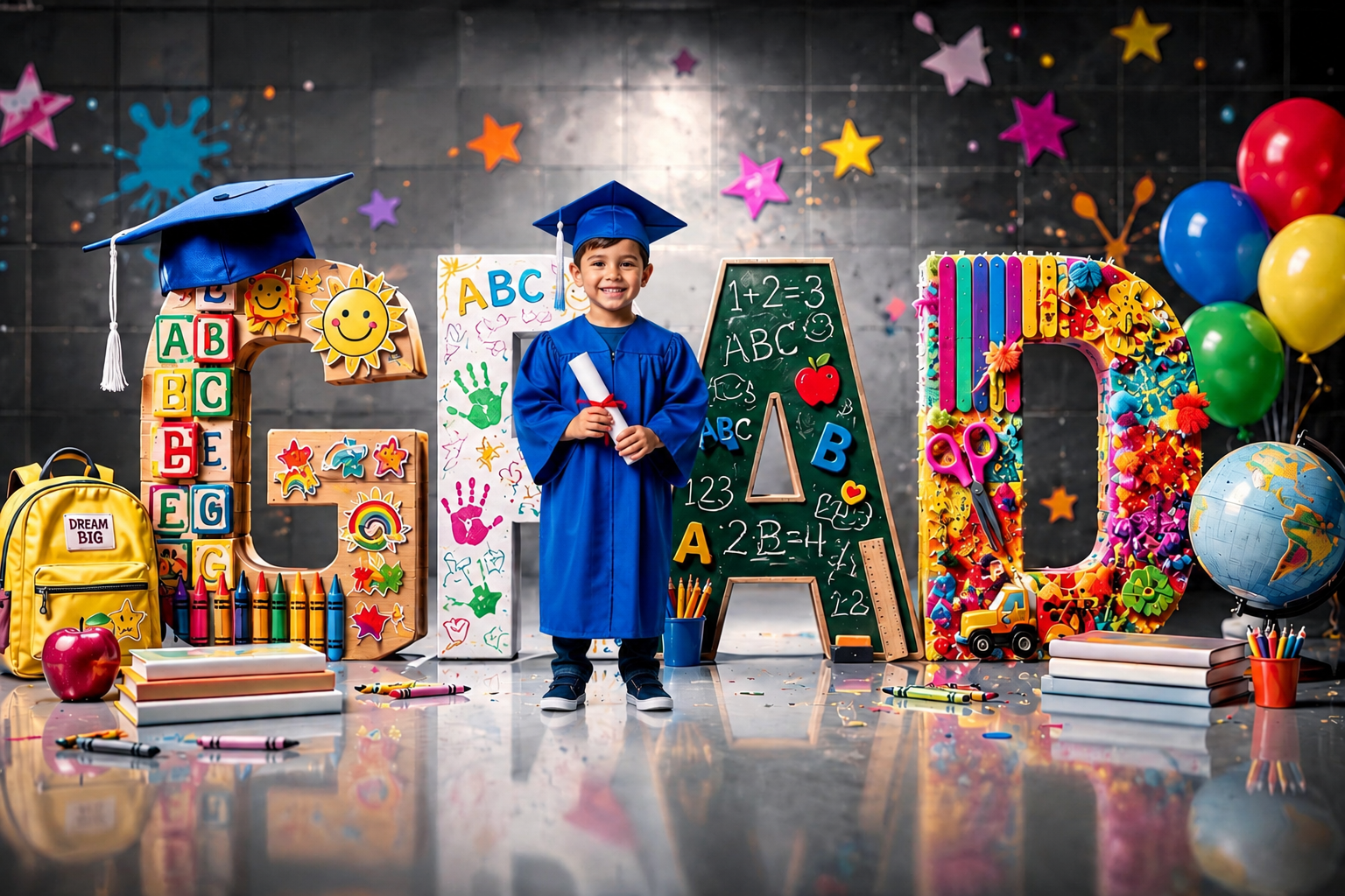 Kindergarten Graduation Digital Backdrop | Colorful GRAD Letters | School Portrait PSD Overlay | Preschool Graduation Background - Thumbnail 2