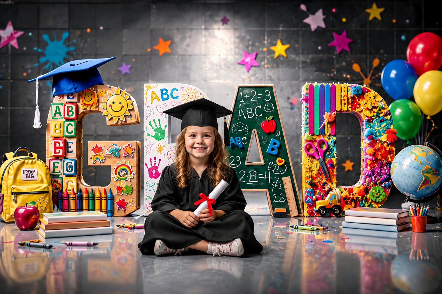 Kindergarten Graduation Digital Backdrop | Colorful GRAD Letters | School Portrait PSD Overlay | Preschool Graduation Background - Thumbnail 3