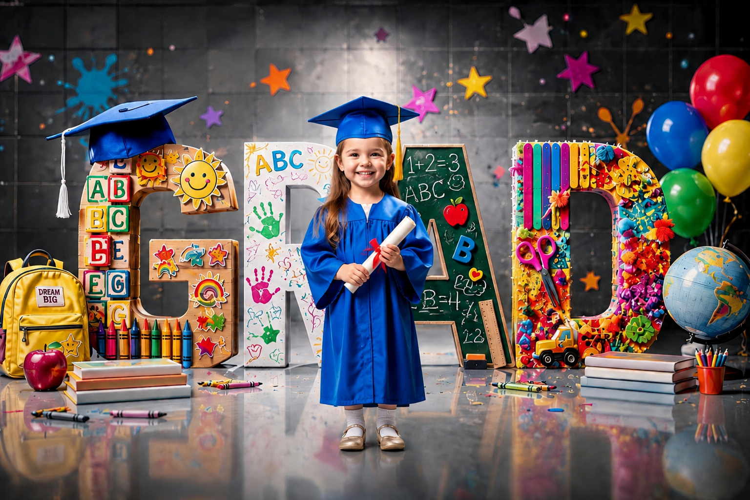 Kindergarten Graduation Digital Backdrop | Colorful GRAD Letters | School Portrait PSD Overlay | Preschool Graduation Background - Thumbnail 4